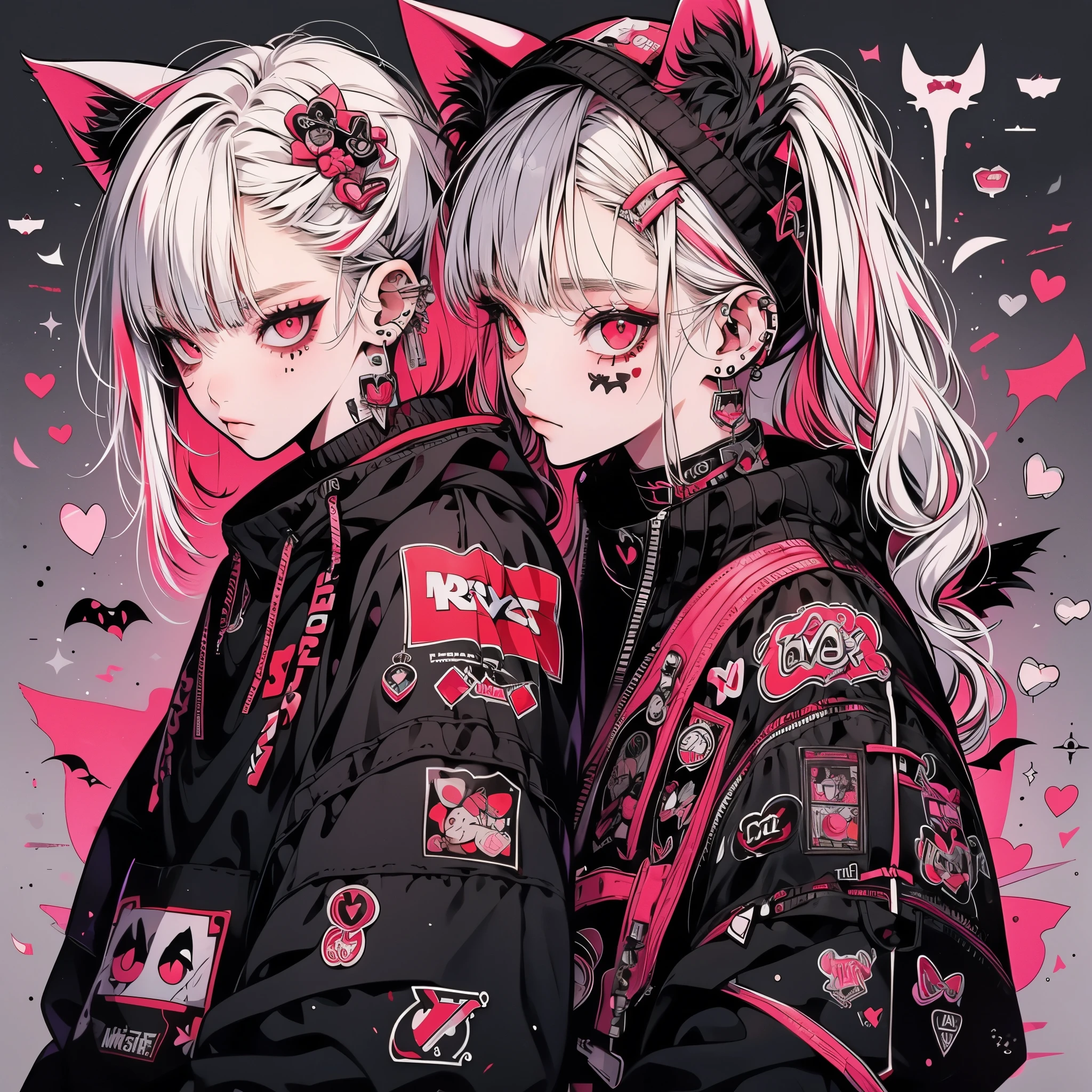 Punk rock emo girl, Neko, wolf girl, long neon white hair in pigtails, tattoo sleeves and piercings, Red eyes, slender, skinny, short,  Harajuku-inspired punk clothes, no twins, one person