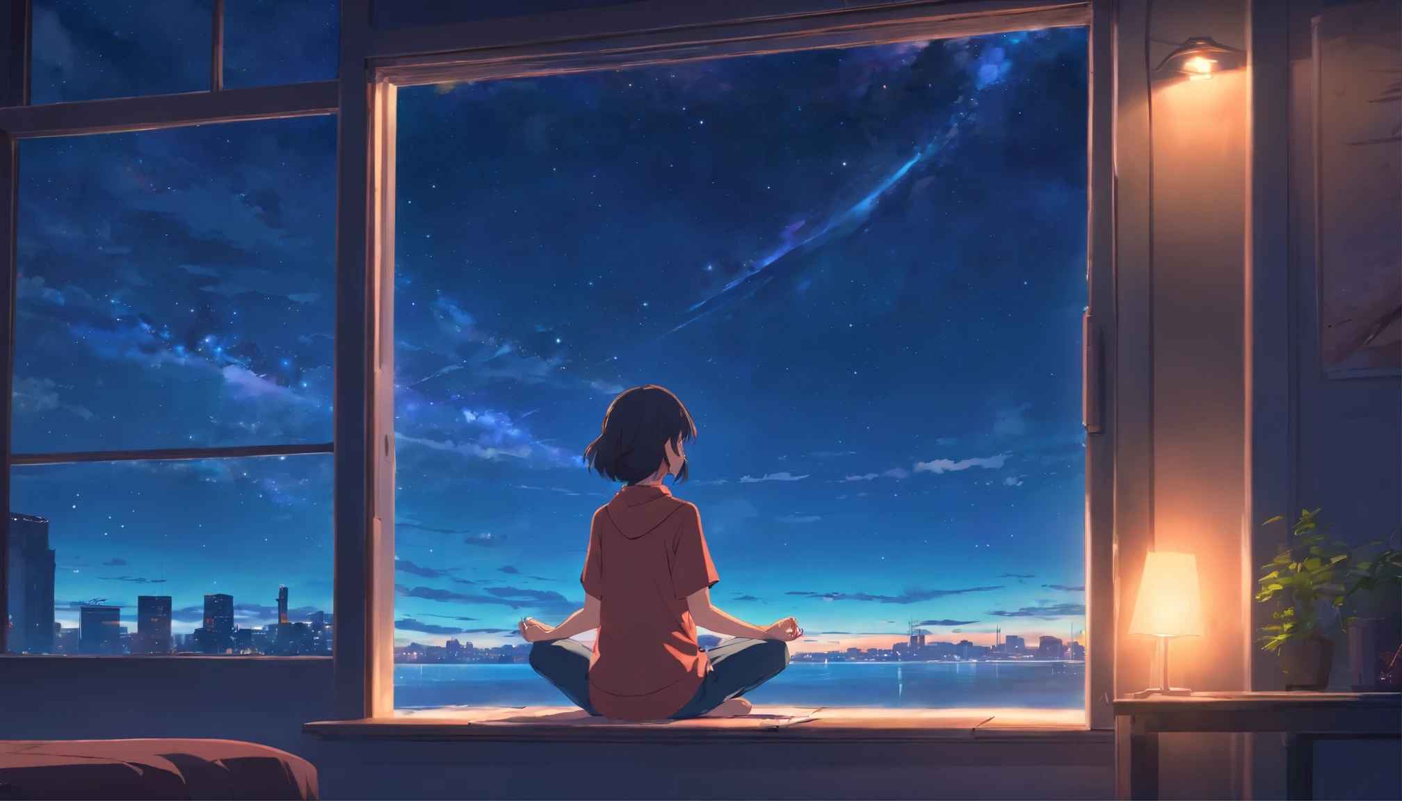 while looking out the window、nightにmeditationする少女, vintage wave, cyber punk, sad atmosphere, bright light from the window, nightのシーン, 1 bedroom, 2D, (photographed from a distance), wide shot, (noise from film), old manga records: 1.3), old anime texture, alone, starry sky、night、meditation、meditationポーズ
