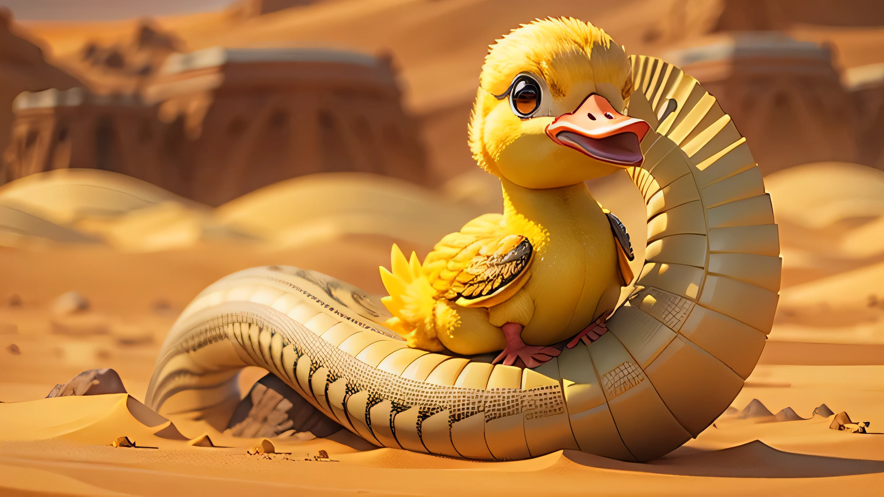 yellow Baby duck riding a sandworm on arrakis