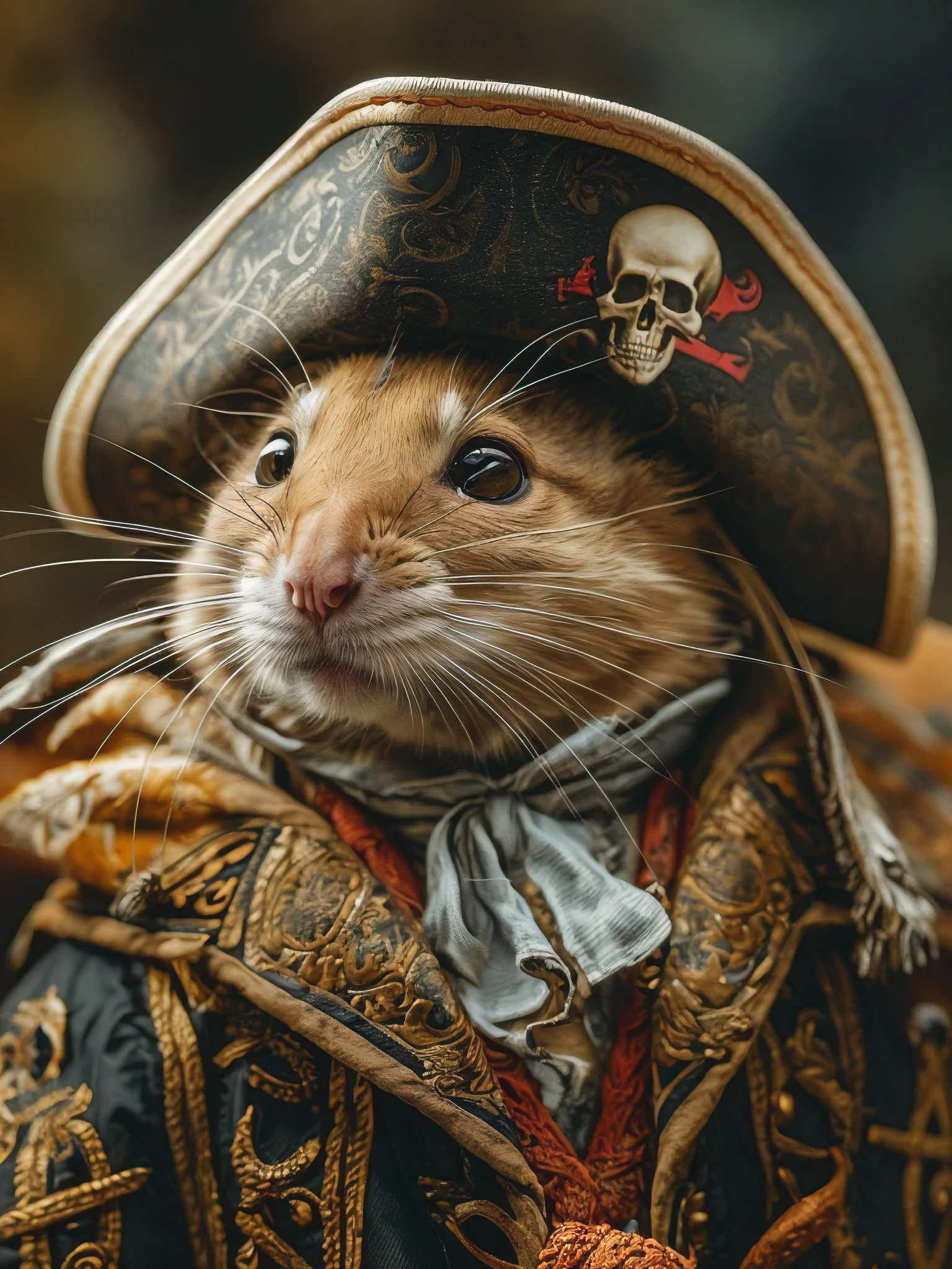 (best quality, masterpiece:1.2), photo of mouse as human looking pirate, skull print on hat