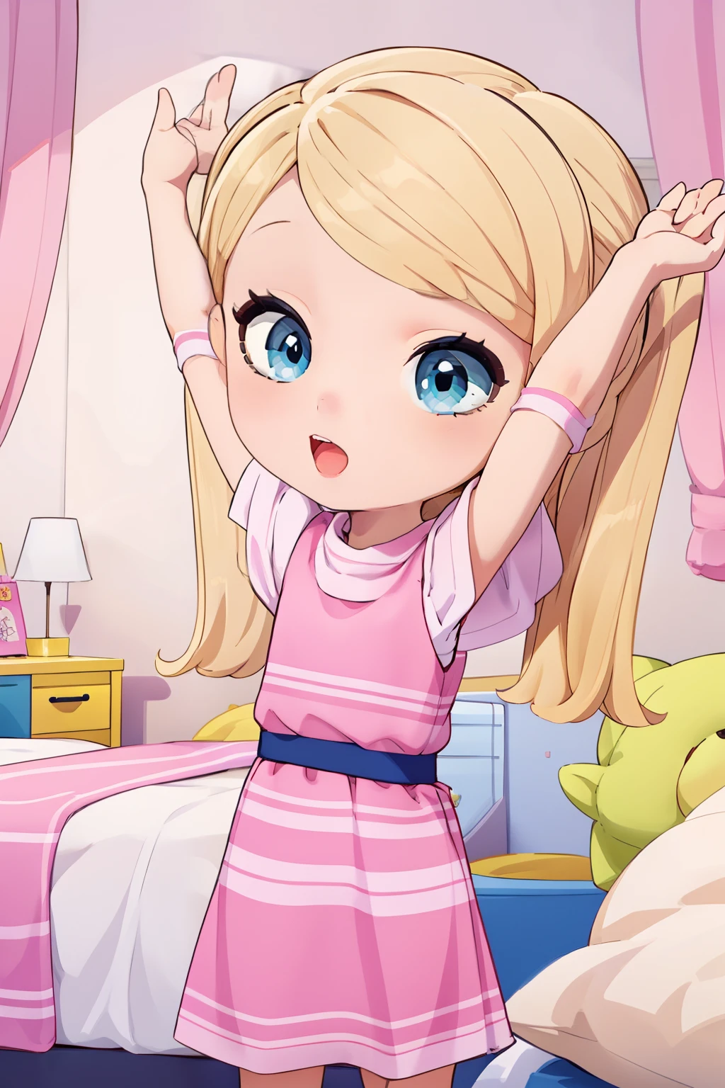 A young girl with blonde hair in pigtails, wearing a pink dress, is yawning with her arms up at bed in a pink bedroom with a blue-eyes, bright, happy, warm, cute art style. 4k resolution.