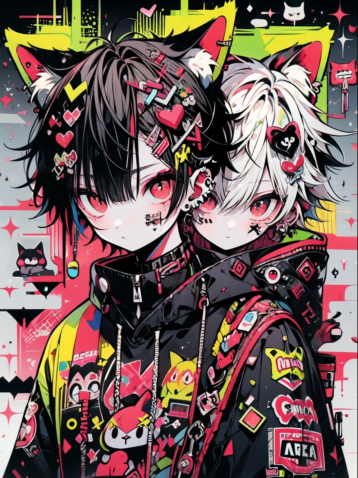 Punk rock emo man, Neko, wolf boy, neon blue hair, tattoo sleeves and piercings, Red eyes, slender, skinny, short, Harajuku-inspired punk clothes, no twins, one person