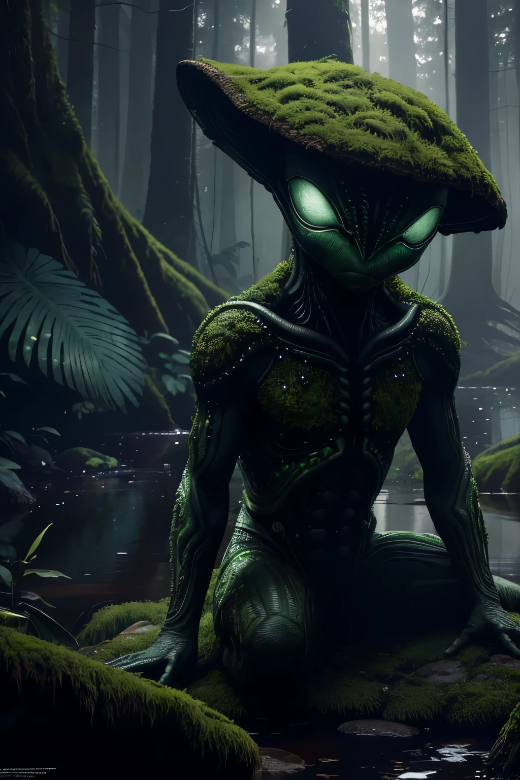 A highly detailed, hyper-realistic image of a little alien sitting on a moss-covered stone, overlooking a tranquil lake in a dimly lit, mysterious dark forest. The alien's large, dark, expressive eyes are fixed on the scene before them, revealing a sense of thoughtfulness and contemplation. The forest, dense and dark, is painted with meticulous attention to detail, each tree trunk and leaf rendered in exquisite 4K resolution. The scene is lit by soft, ambient light filtering through the canopy, casting intriguing shadows on the water's surface and the alien's alien features. The alien's body is smooth and sleek, with subtle text