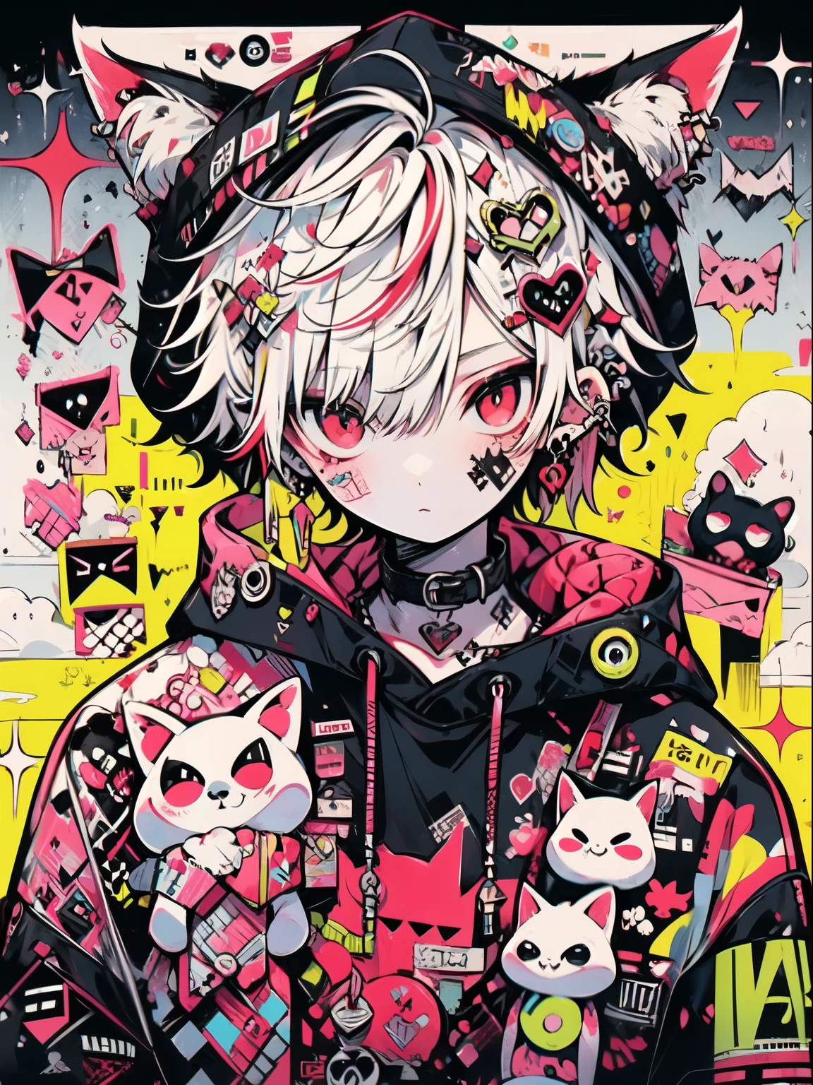 Punk rock emo man, Neko, wolf boy, neon white hair, tattoo sleeves and piercings, Red eyes, slender, skinny, short,  Harajuku-inspired punk clothes, no twins, one person