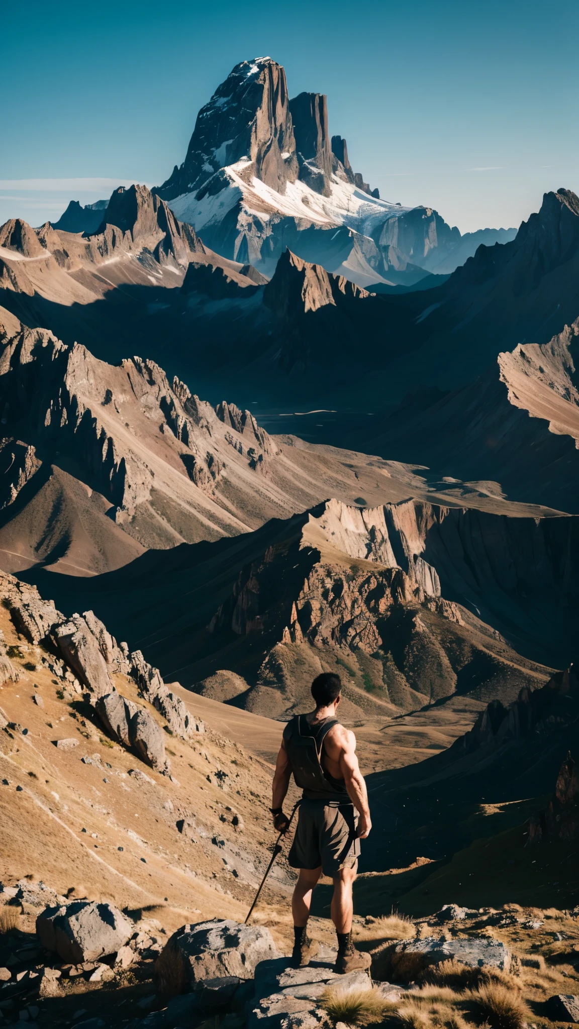 A rugged landscape with a lone figure standing amidst towering mountains, embodying stoic strength.