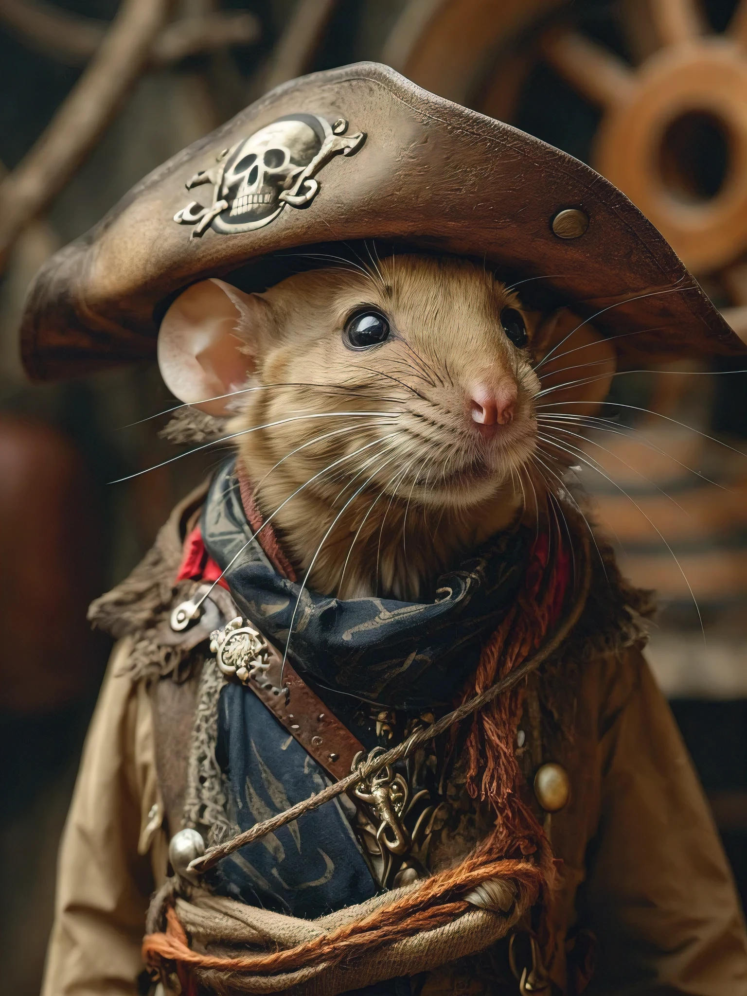 (best quality, masterpiece:1.2), photo of mouse as human looking pirate, skull print on hat