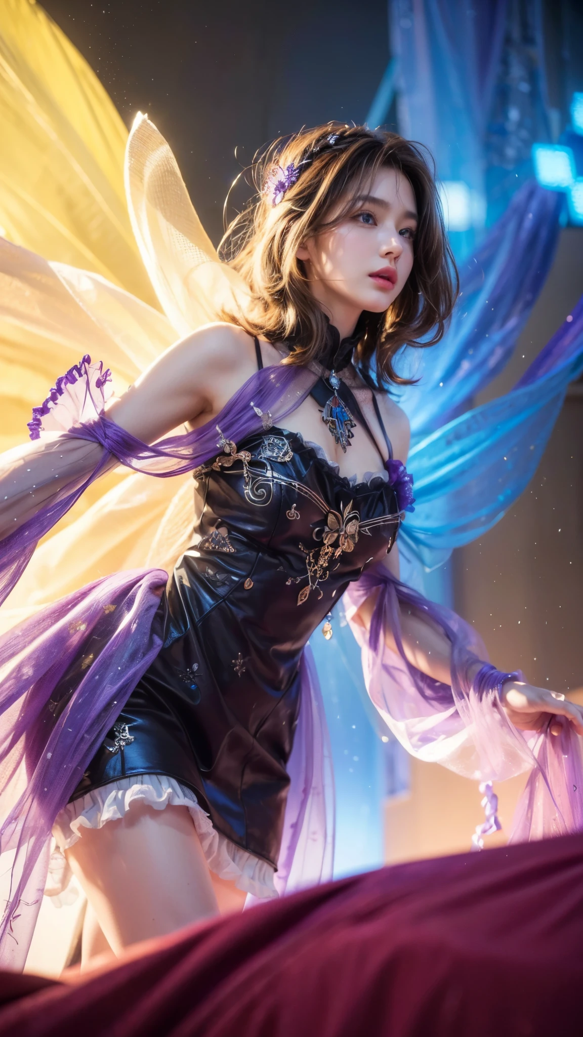 (photorealistic:1.4), best quality, masterpiece, ultra high res, 1girl, (detailed face:1.2), (detailed hair:1.2), (detailed clothes:1.2), 4k, (detailed color:1.2), (light brown hair), black dress with purple trim,
