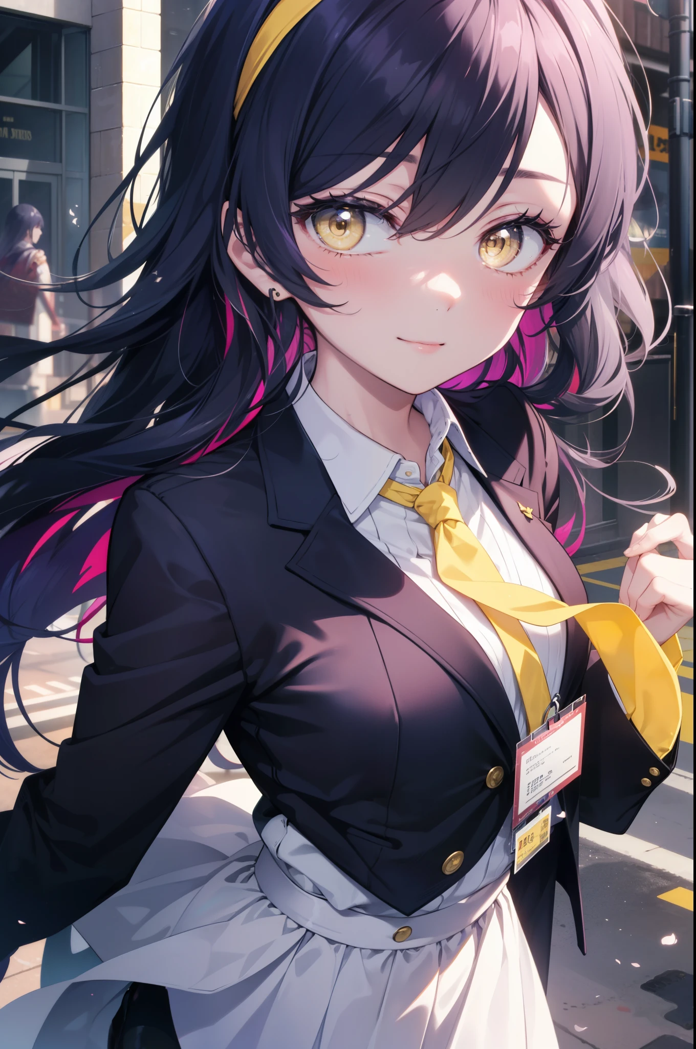 Kamisonoda, Umi Sonoda, long hair, blue hair, (yellow eyes:1.5) (medium chest:1.2),Yellow headband,smile,blush,OL, end, black suit jacket, collared jacket, white dress shirt, collared shirt, neckline, button, strap, ID card on neck,black pantyhose,stiletto heels,morning日,morning,walking,So that the whole body goes into the illustration,two sparrows are flying in the sky,
break looking at viewer,
break outdoors, residential street,
break (masterpiece:1.2), highest quality, High resolution, unity 8k wallpaper, (figure:0.8), (detailed and beautiful eyes:1.6), highly detailed face, perfect lighting, Very detailed CG, (perfect hands, perfect anatomy),