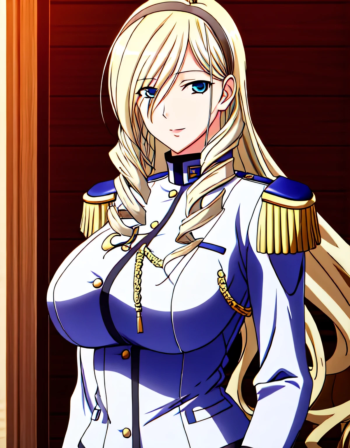 army,army uniform,blonde hair,bangs,blue eyes,long hair,head band,twin drill,indoor hall,(big breasts:1.5),looking at the viewer,Are standing,((masterpiece)),((highest quality)),perfect anatomy,8k UHD,highly detailed face,shiny and glossy,((1 girl)),((alone)),(detailed and beautiful eyes:1.2),perfect image,(Upper body:1.1),(look ahead:1.1),turn your arms behind your back,slim waist,(shiny hair),super detailed,disorganized,light smile,