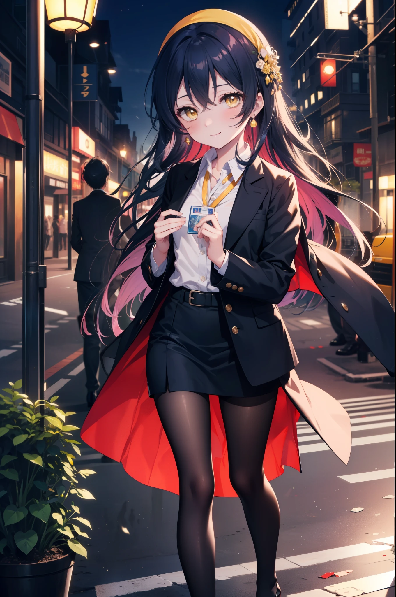 Kamisonoda, Umi Sonoda, long hair, blue hair, (yellow eyes:1.5) (medium chest:1.2),Yellow headband,smile,blush,OL, end, black suit jacket, collared jacket, white dress shirt, collared shirt, neckline, button, strap, ID card on neck,black pantyhose,stiletto heels,morning日,morning,walking,So that the whole body goes into the illustration,two sparrows are flying in the sky,
break looking at viewer,
break outdoors, residential street,
break (masterpiece:1.2), highest quality, High resolution, unity 8k wallpaper, (figure:0.8), (detailed and beautiful eyes:1.6), highly detailed face, perfect lighting, Very detailed CG, (perfect hands, perfect anatomy),