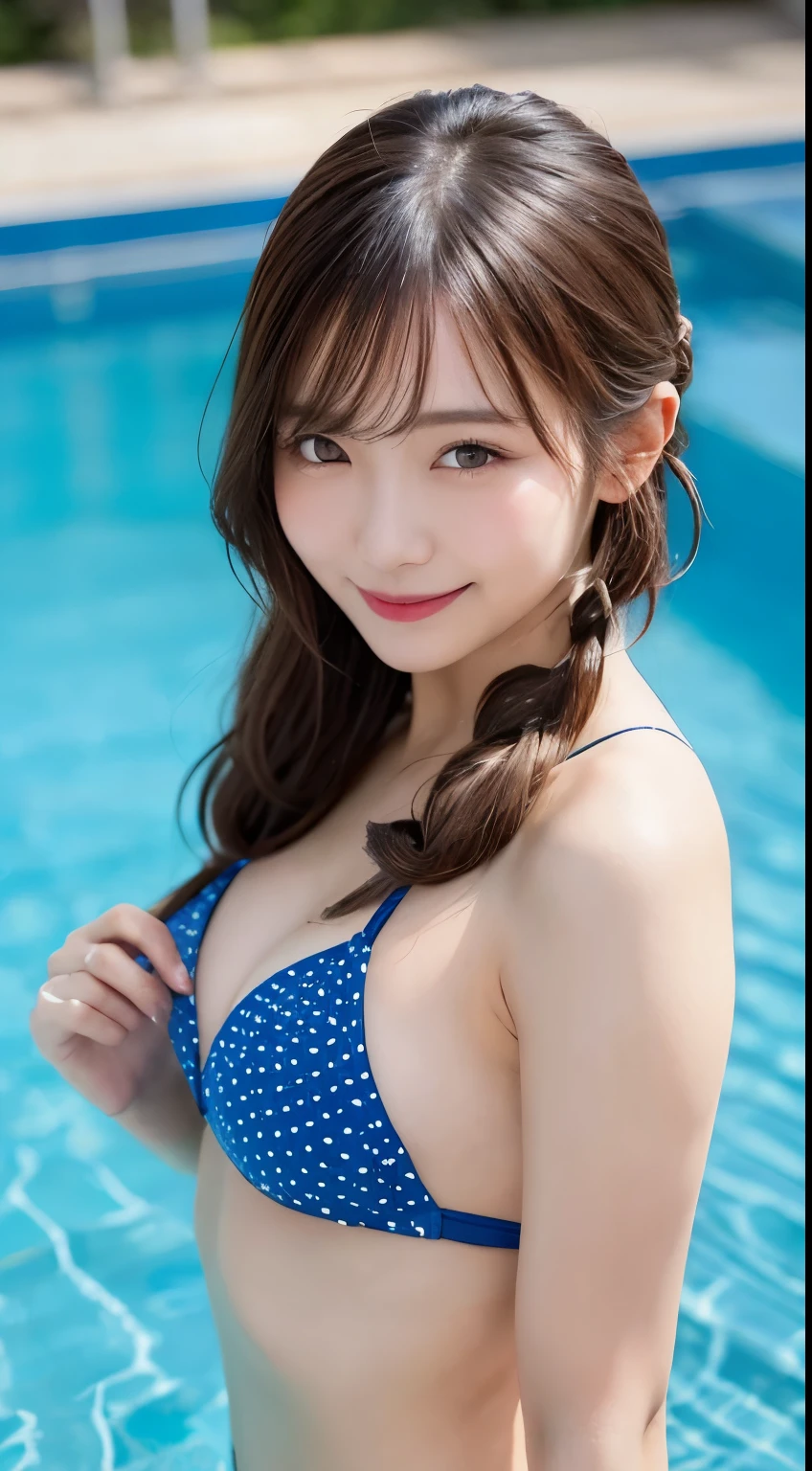 whole body, highest quality, shape, Super detailed, finely, High resolution, 8k wallpaper, 完璧なダイナミックな構shape, finelyて美しい目, dotted bikini,braid hair,, middle of chest, natural color lip, random sexy pose,smile,pool,