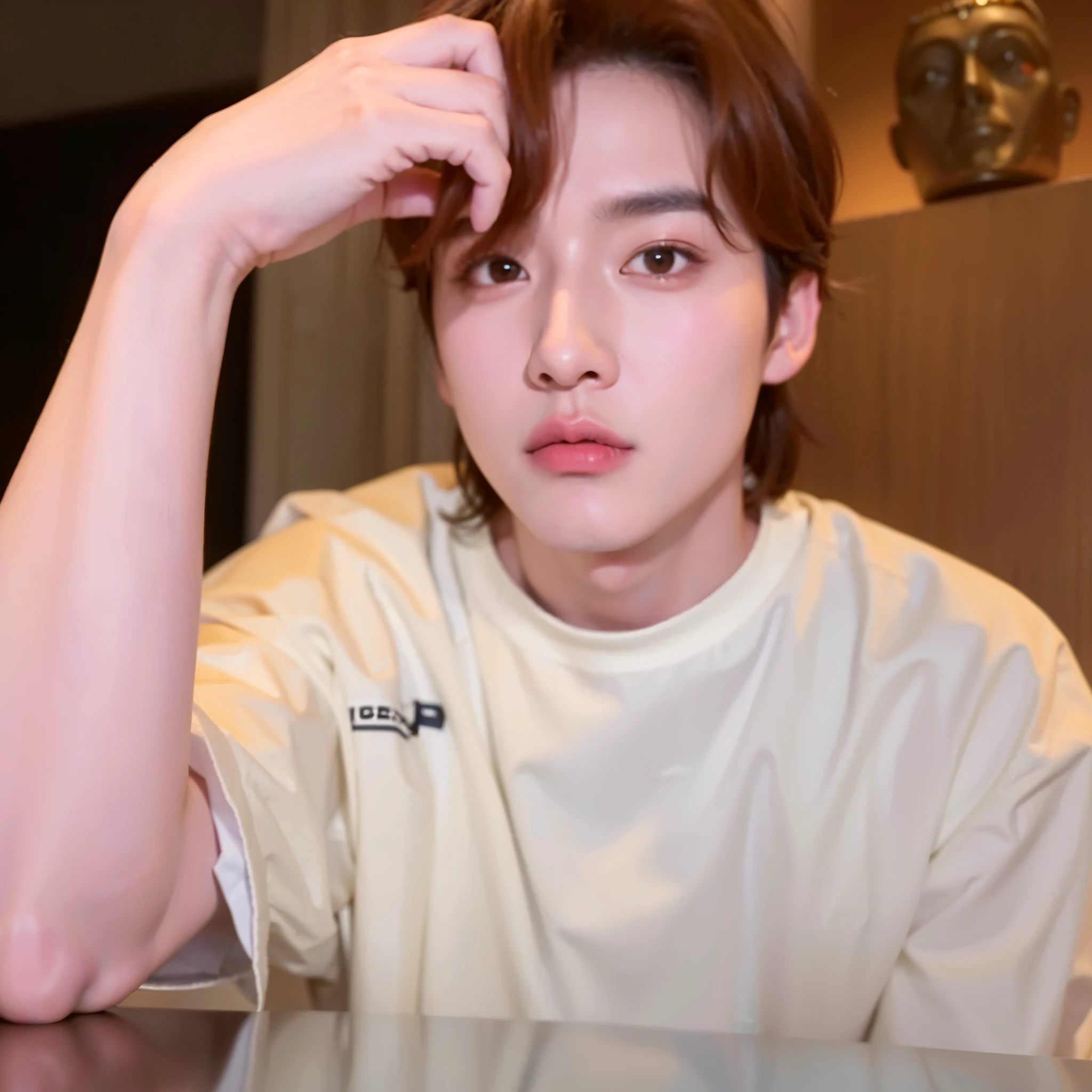 homem arafiado com camisa branca sentado em uma mesa com um celular, xqc, Cai Xukun, Jungkook, Jung Jaehyun, Kim Doyoung, Taehyung comendo batatas fritas Gucci, adorable and pale korean face, Jinyoung Shin, bladee da gangue de drenagem, 1 de 7 anos, rosto magro, taejune kim, giga chad chorando, hyung tae