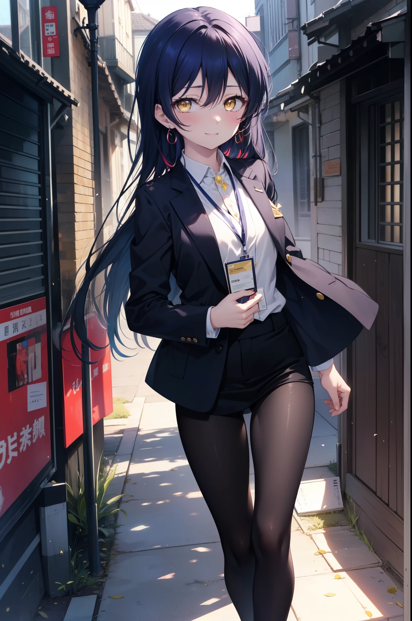 Kamisonoda, Umi Sonoda, long hair, blue hair, (yellow eyes:1.5) (medium chest:1.2),smile,blush,OL, end, black suit jacket, collared jacket, white dress shirt, collared shirt, neckline, button, strap, ID card on neck,black pantyhose,stiletto heels,morning日,morning,walking,So that the whole body goes into the illustration,two sparrows are flying in the sky,
break looking at viewer,
break outdoors, residential street,
break (masterpiece:1.2), highest quality, High resolution, unity 8k wallpaper, (figure:0.8), (detailed and beautiful eyes:1.6), highly detailed face, perfect lighting, Very detailed CG, (perfect hands, perfect anatomy),