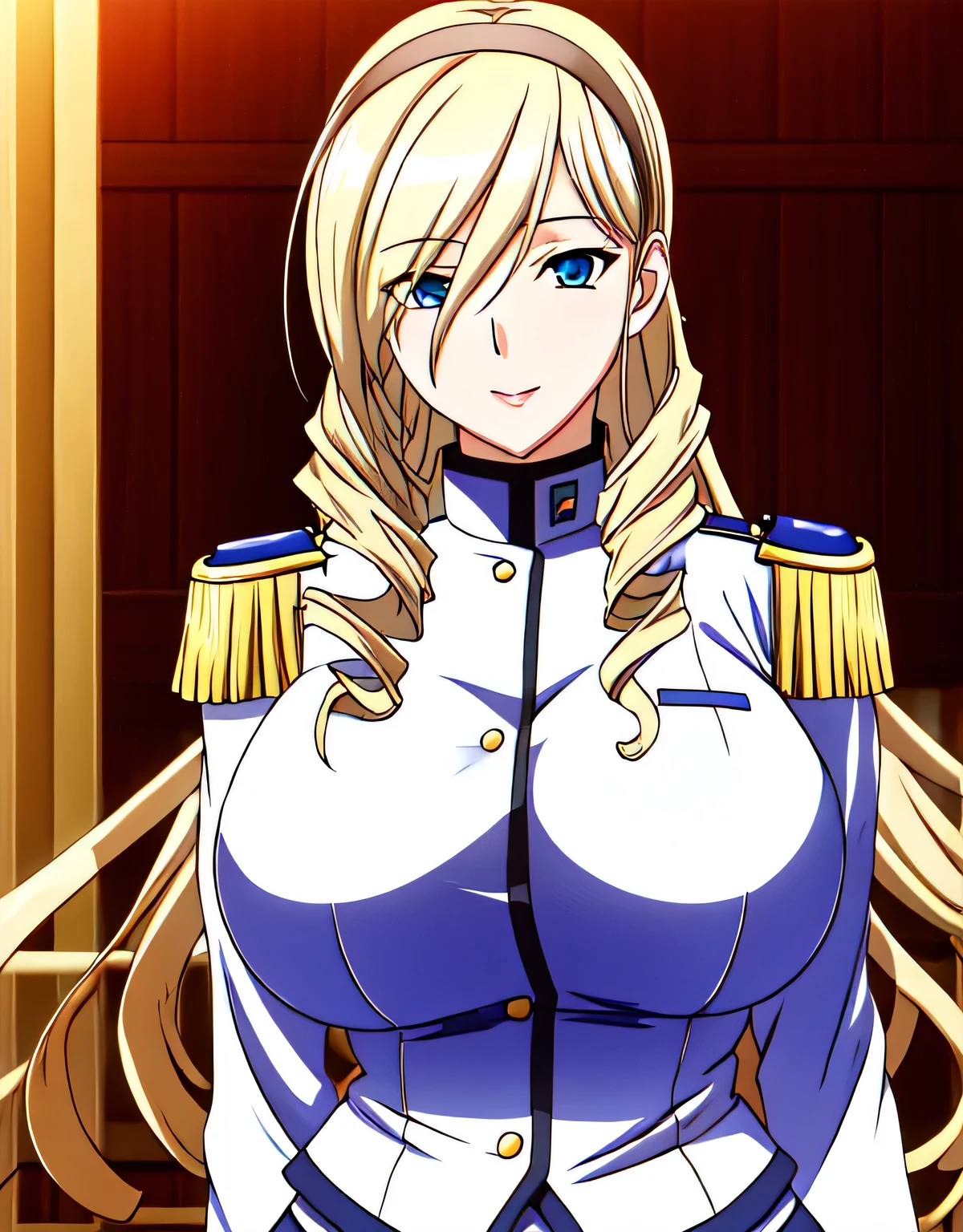 army,army uniform,blonde hair,bangs,blue eyes,long hair,head band,twin drill,indoor hall,(big breasts:1.5),looking at the viewer,Are standing,((masterpiece)),((highest quality)),perfect anatomy,8k UHD,highly detailed face,shiny and glossy,((1 girl)),((alone)),(detailed and beautiful eyes:1.2),perfect image,(Upper body:1.1),(look ahead:1.1),turn your arms behind your back,slim waist,(shiny hair),super detailed,disorganized,light smile,