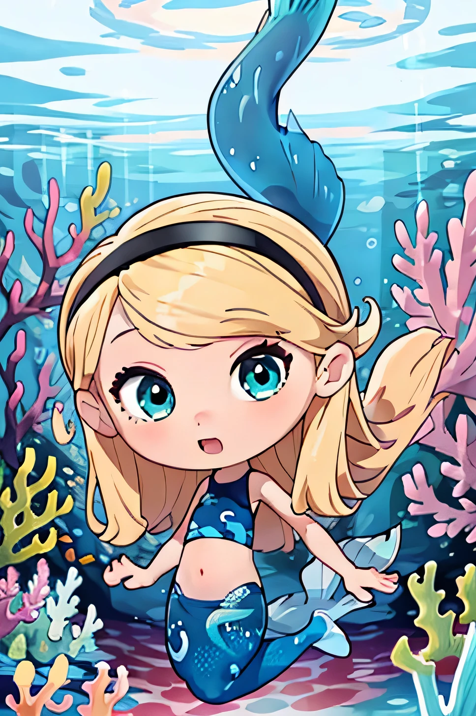 1girl, solo, 9-year old, , full body, mermaid, mergirl, floating long blonde hair, hairband, blue eyes, pink sleeveless crop top, purple tail, teal fin, excited, beautiful art, swim, under the sea, bubbles, adorable art.