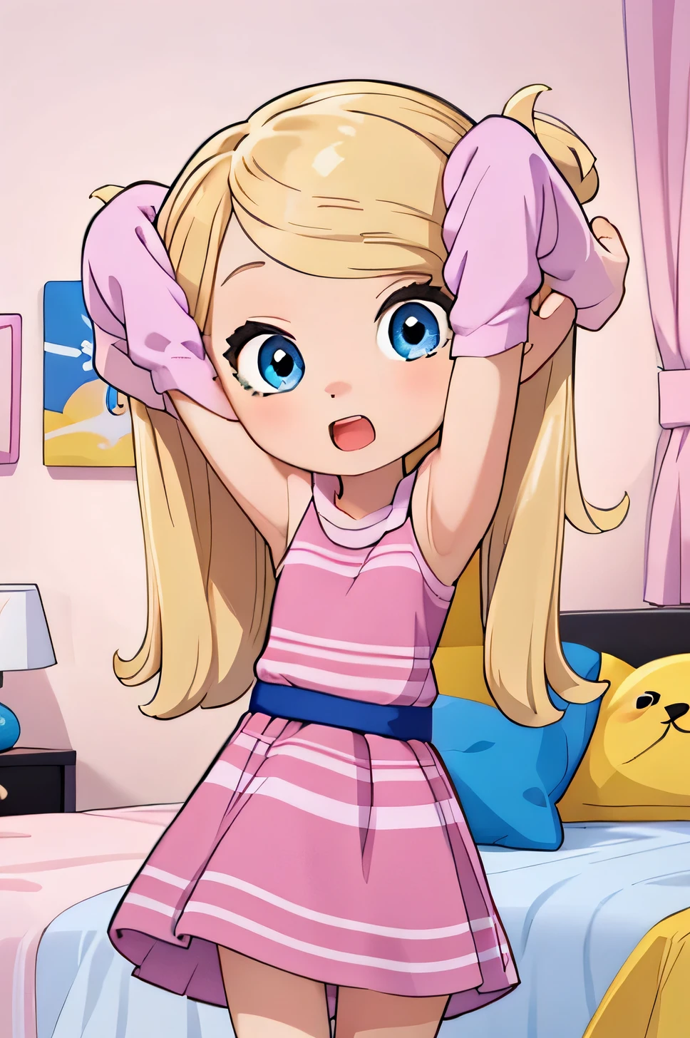 A young girl with blonde hair in pigtails, wearing a pink dress, is yawning with her arms up at bed in a pink bedroom with a blue-eyes, bright, happy, warm, cute art style. 4k resolution.