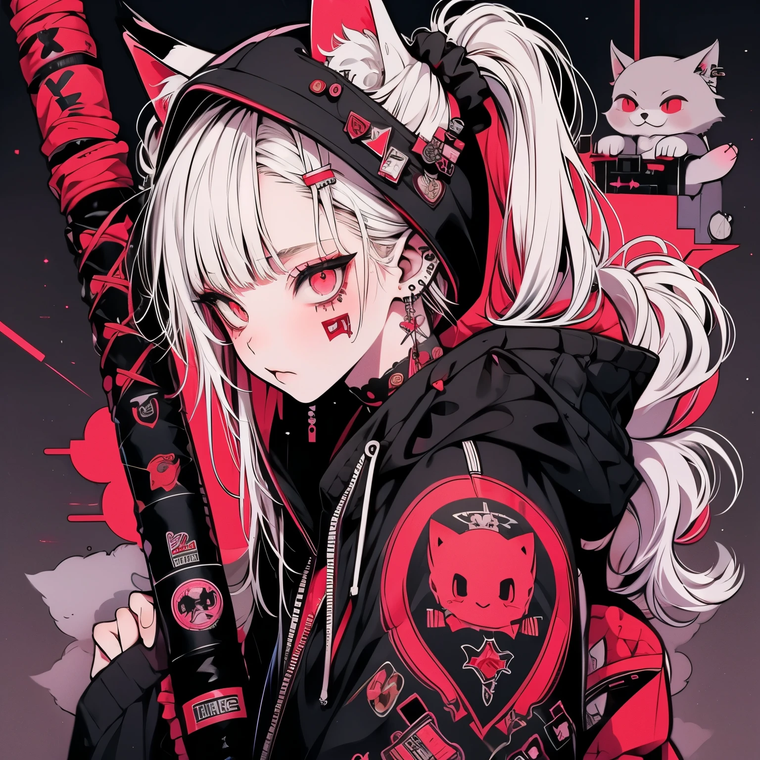 Punk rock emo girl, Neko, wolf girl, long neon white hair in pigtails, tattoo sleeves and piercings, Red eyes, slender, skinny, short, Harajuku-inspired hooded kimono, no twins, one person