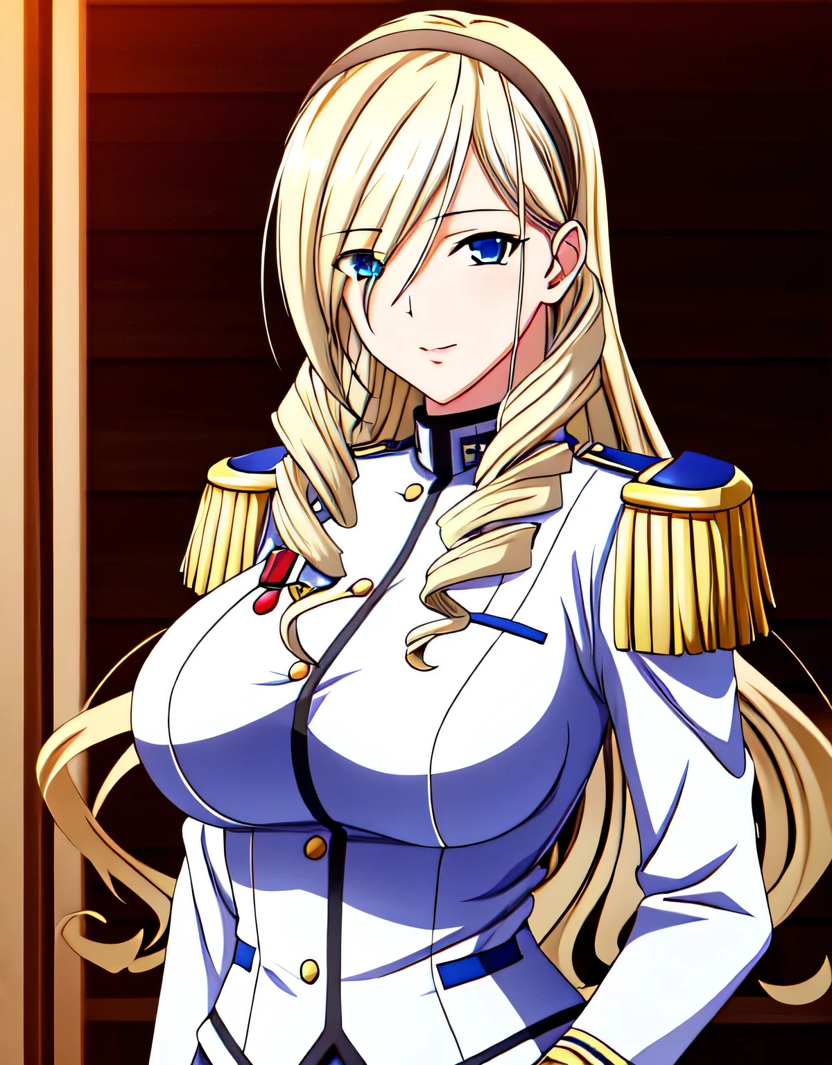 army,army uniform,blonde hair,bangs,blue eyes,long hair,head band,twin drill,indoor hall,(big breasts:1.5),looking at the viewer,Are standing,((masterpiece)),((highest quality)),perfect anatomy,8k UHD,highly detailed face,shiny and glossy,((1 girl)),((alone)),(detailed and beautiful eyes:1.2),perfect image,(Upper body:1.1),(look ahead:1.1),turn your arms behind your back,slim waist,(shiny hair),super detailed,disorganized,light smile,