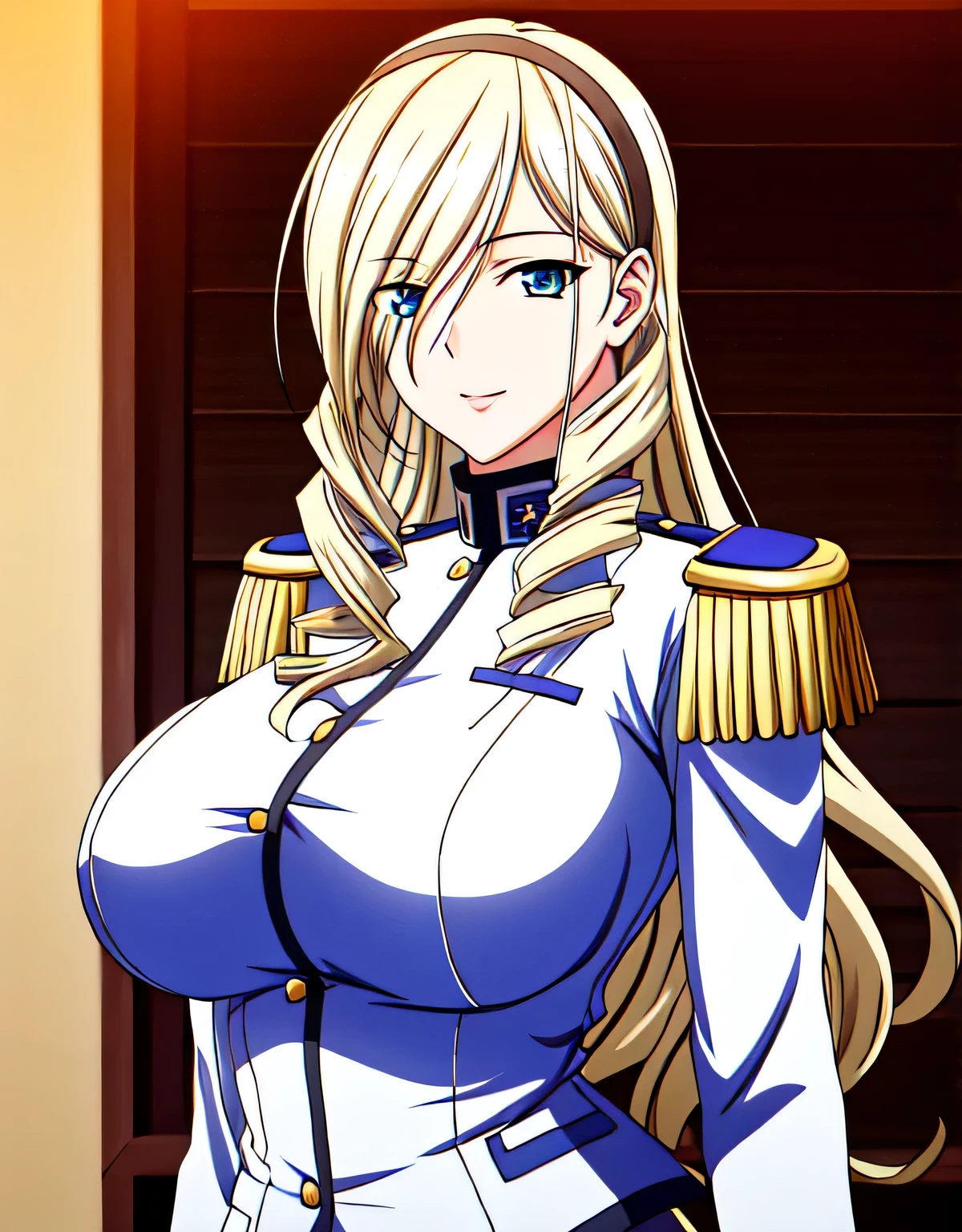 army,army uniform,blonde hair,bangs,blue eyes,long hair,head band,twin drill,indoor hall,(big breasts:1.5),looking at the viewer,Are standing,((masterpiece)),((highest quality)),perfect anatomy,8k UHD,highly detailed face,shiny and glossy,((1 girl)),((alone)),(detailed and beautiful eyes:1.2),perfect image,(Upper body:1.1),(look ahead:1.1),turn your arms behind your back,slim waist,(shiny hair),super detailed,disorganized,light smile,