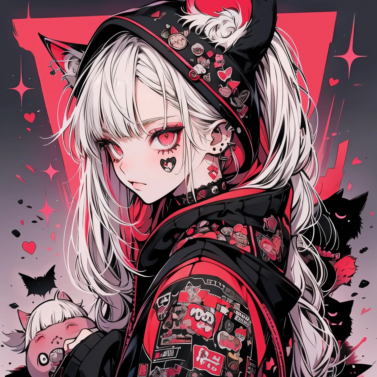Punk rock emo girl, Neko, wolf girl, long neon white hair in pigtails, tattoo sleeves and piercings, Red eyes, slender, skinny, short, Harajuku-inspired hooded kimono, no twins, one person