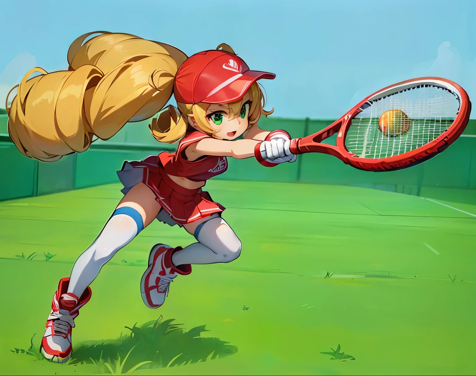 (Full body, good anatomy, best quality, 4k, anime style) 1 girl, alone, blonde hair, drill-shaped pigtails, green eyes, red visor, red tennis uniform, white gloves, red skirt, white legwears, white sneakers with red details, racket red tennis court, tennis court, daytime, colorful.