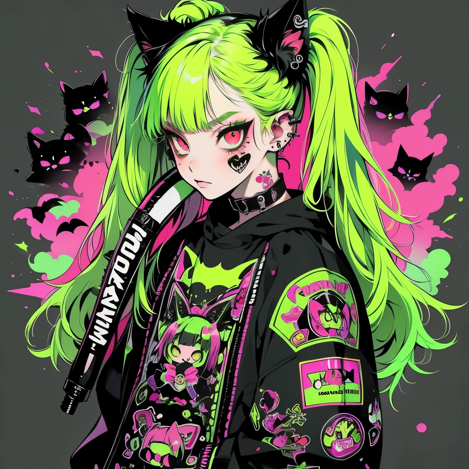 Punk rock emo girl, Neko, wolf girl, long neon green hair in pigtails, tattoo sleeves and piercings, Red eyes, slender, skinny, short,  Harajuku-inspired punk clothes, no twins, one person