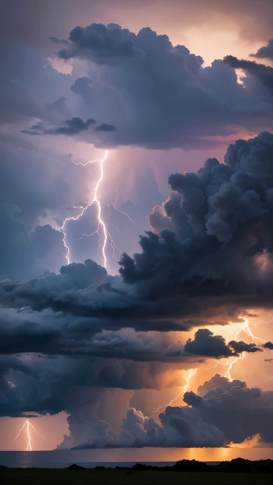 A dark, stormy sky fills the frame, with lightning flashes illuminating the clouds.