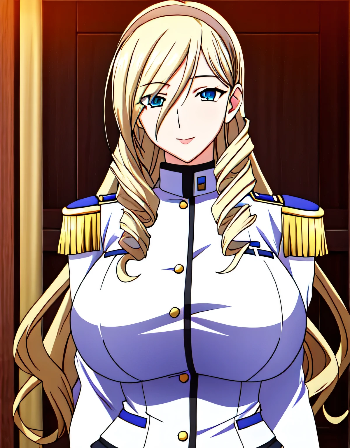 army,army uniform,blonde hair,bangs,blue eyes,long hair,head band,twin drill,indoor hall,(big breasts:1.5),looking at the viewer,Are standing,((masterpiece)),((highest quality)),perfect anatomy,8k UHD,highly detailed face,shiny and glossy,((1 girl)),((alone)),(detailed and beautiful eyes:1.5),perfect image,(Upper body:1.1),(look ahead:1.1),turn your arms behind your back,slim waist,(shiny hair),super detailed,disorganized,light smile,