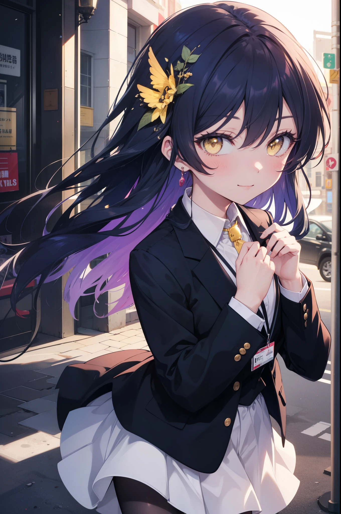Kamisonoda, Umi Sonoda, long hair, blue hair, (yellow eyes:1.5) (medium chest:1.2),smile,blush,OL, end, black suit jacket, collared jacket, white dress shirt, collared shirt, neckline, button, strap, ID card on neck,black pantyhose,stiletto heels,morning日,morning,walking,So that the whole body goes into the illustration,two sparrows are flying in the sky,
break looking at viewer,
break outdoors, residential street,
break (masterpiece:1.2), highest quality, High resolution, unity 8k wallpaper, (figure:0.8), (detailed and beautiful eyes:1.6), highly detailed face, perfect lighting, Very detailed CG, (perfect hands, perfect anatomy),