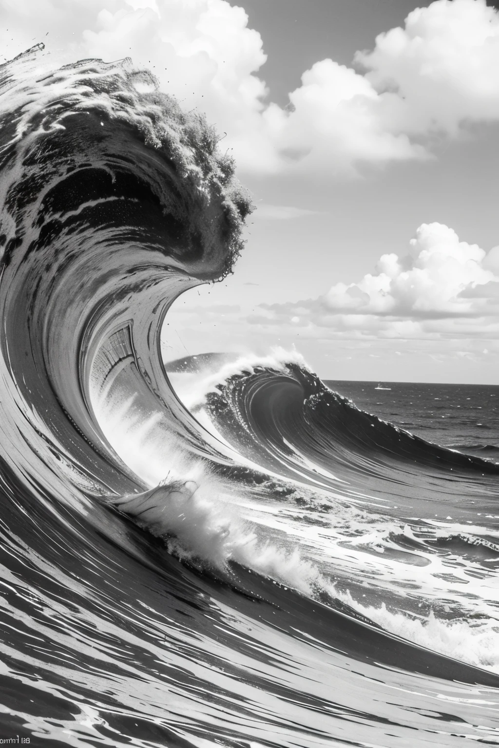 Japanese manga style. Black and white colors. Comics. Mango. Drawing with pencil. Sword. Wave. Ocean. Clouds.