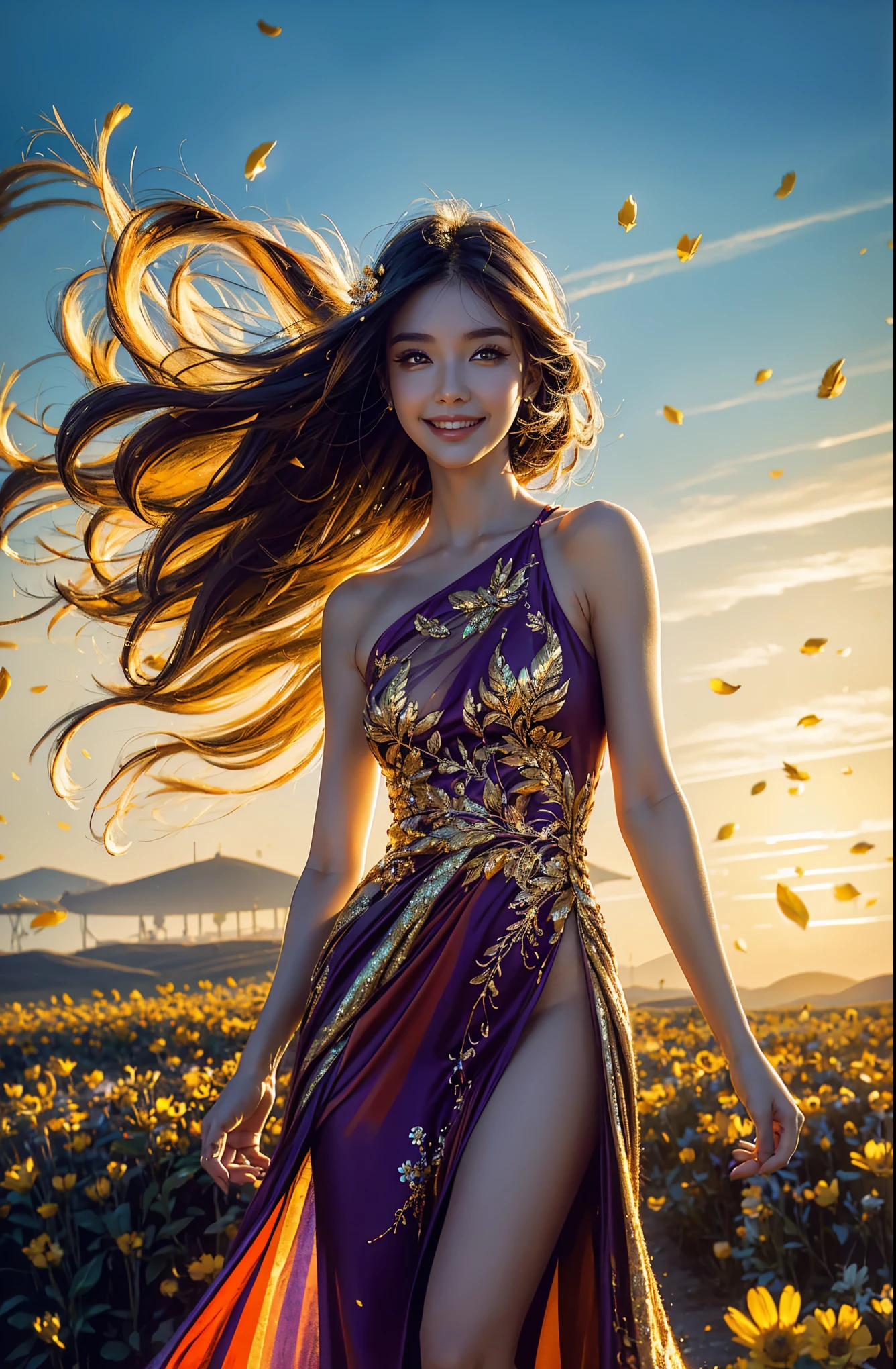 award winning digital art, half body portrait of a beautiful woman in a silk Tang dress with gold embroidery, colorful hairstyle with head in motion and long hair flying, big smile, Happy, sexy,  in a flower field, golden sunset, particles dust, glitter, paint splashes, splatter, outrun, vaporware, shaded flat illustration, digital art, trending on artstation, highly detailed, fine detail, intricate