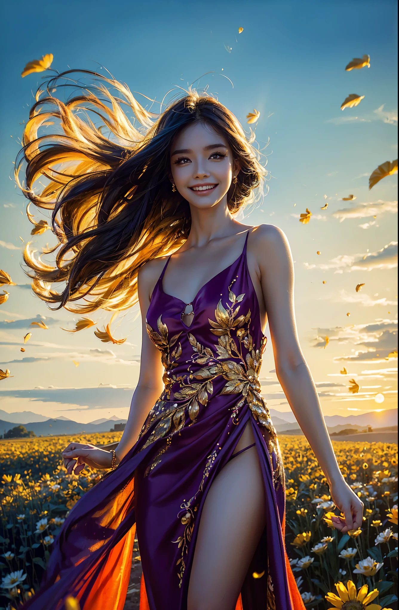 award winning digital art, half body portrait of a beautiful woman in a silk Tang dress with gold embroidery, colorful hairstyle with head in motion and long hair flying, big smile, Happy, sexy,  in a flower field, golden sunset, particles dust, glitter, paint splashes, splatter, outrun, vaporware, shaded flat illustration, digital art, trending on artstation, highly detailed, fine detail, intricate