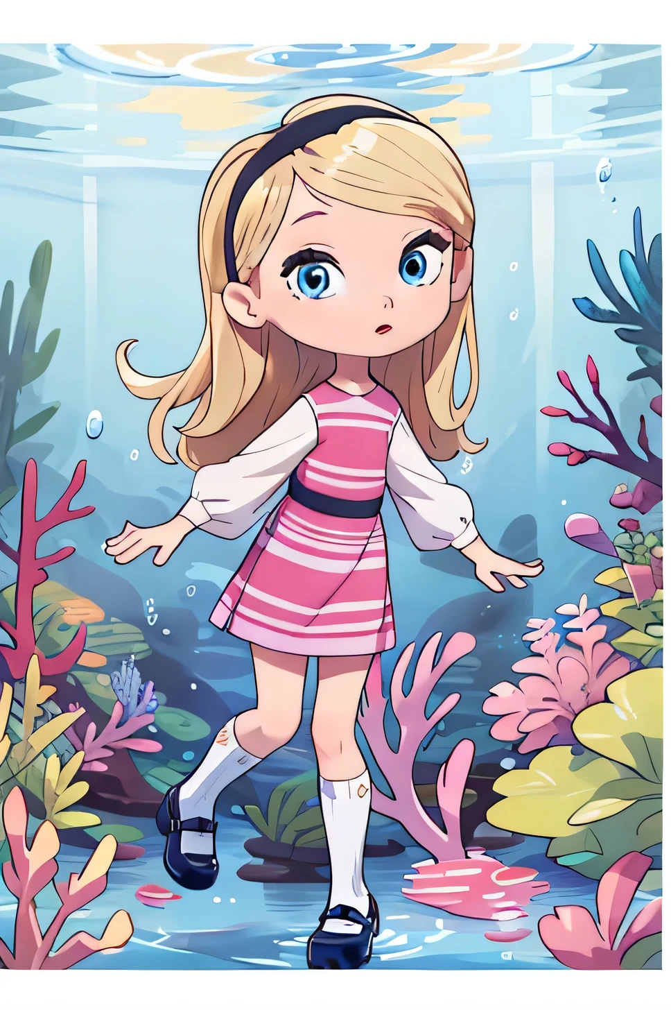 (masterpiece, best quality, high resolution:1.4), 1girl, solo,full body, beautiful, very young, , penny peterson, floating long blonde hair, hairband, pink dress, blue eyes, red lips, white tube socks, Sideways, letterboxed, partially underwater shot, wide shot, atmospheric perspective, panorama, exposed, white panties