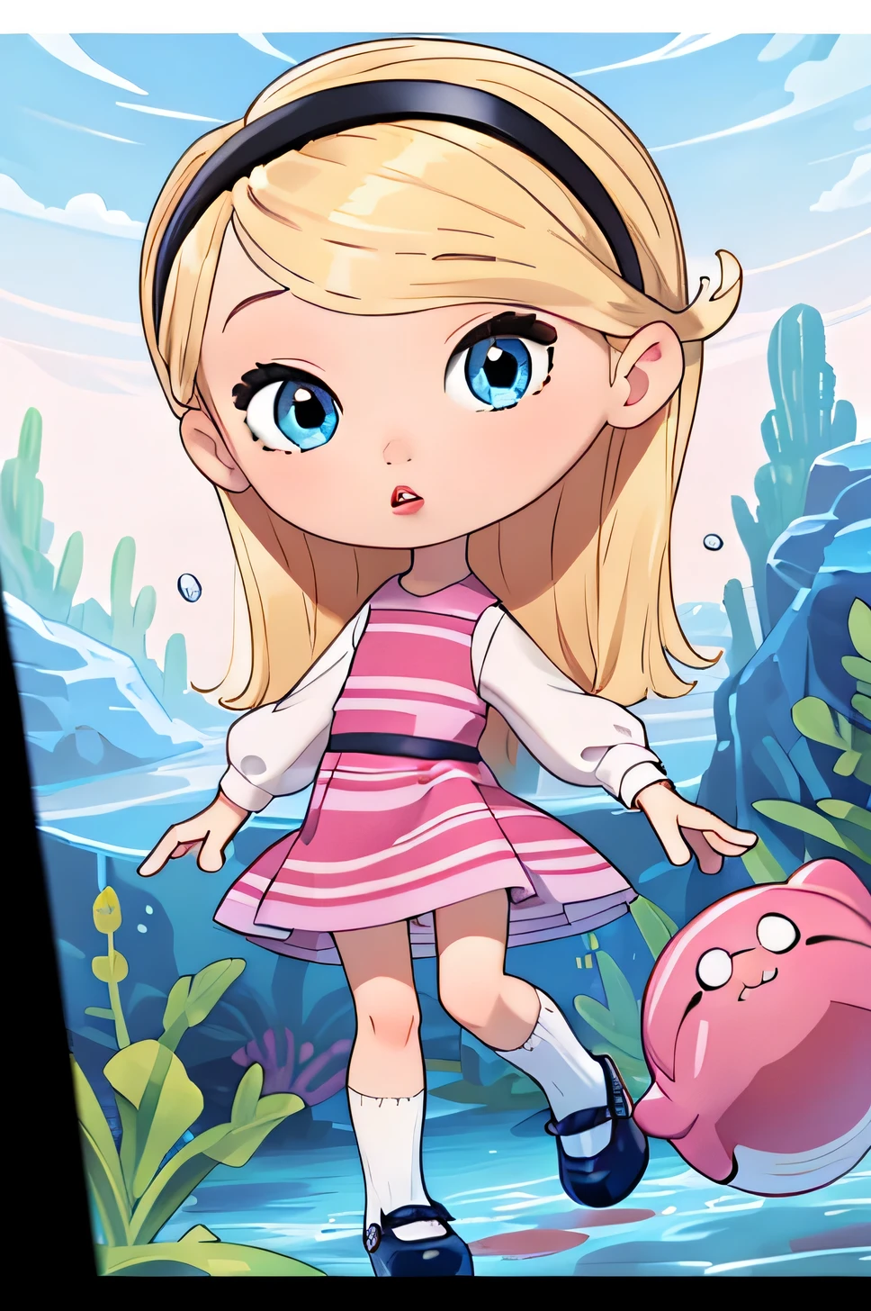 (masterpiece, best quality, high resolution:1.4), 1girl, solo,full body, beautiful, very young, , penny peterson, long hair, blonde hair, hairband, pink dress, blue eyes, red lips, white tube socks, Sideways, letterboxed, partially underwater shot, wide shot, atmospheric perspective, panorama, exposed, white panties