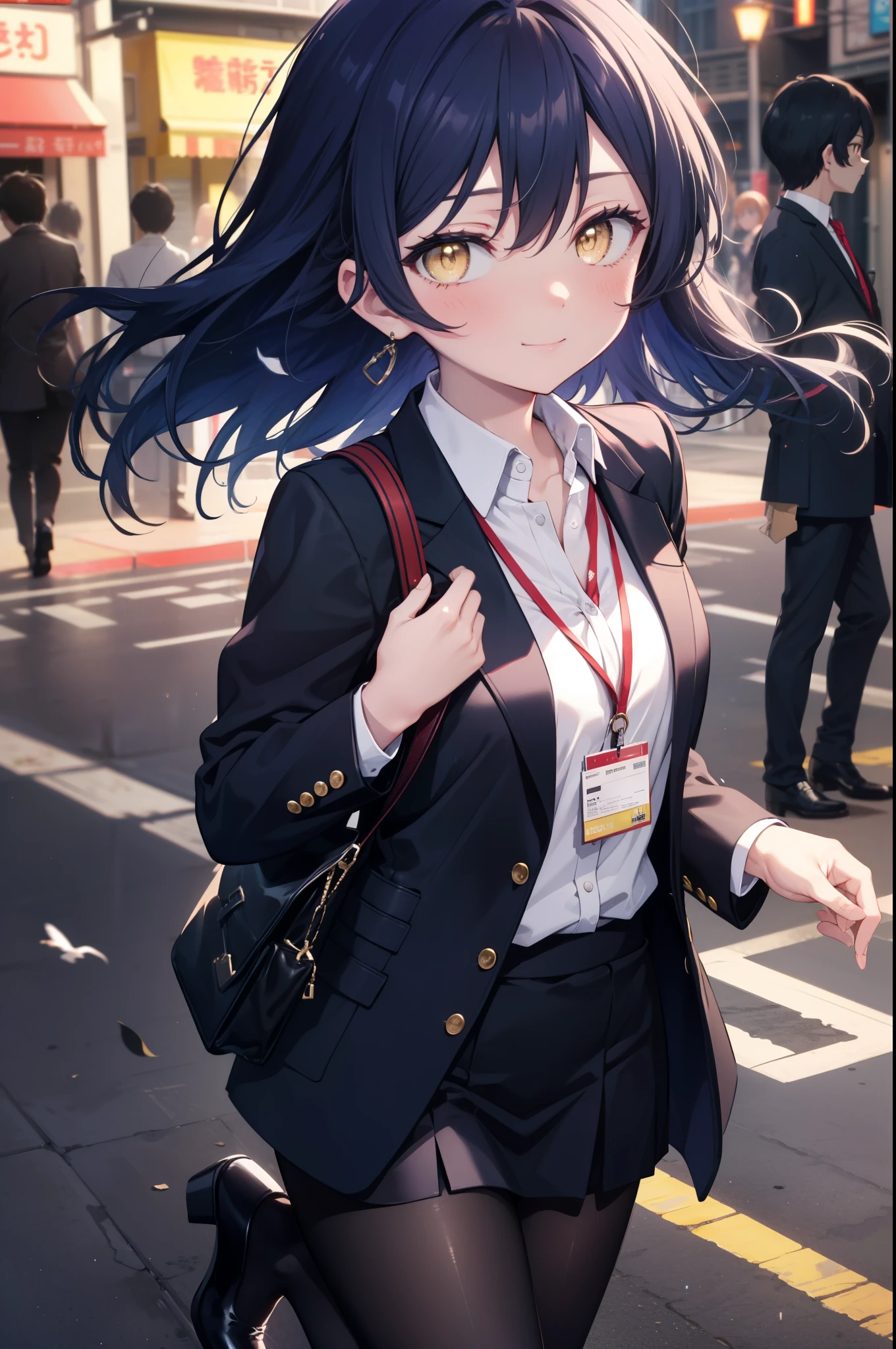 Kamisonoda, Umi Sonoda, long hair, blue hair, (yellow eyes:1.5) (medium chest:1.2),smile,blush,OL, end, black suit jacket, collared jacket, white dress shirt, collared shirt, neckline, button, strap, ID card on neck,black pantyhose,stiletto heels,morning日,morning,walking,So that the whole body goes into the illustration,two sparrows are flying in the sky,
break looking at viewer,
break outdoors, residential street, 
break (masterpiece:1.2), highest quality, High resolution, unity 8k wallpaper, (figure:0.8), (detailed and beautiful eyes:1.6), highly detailed face, perfect lighting, Very detailed CG, (perfect hands, perfect anatomy),