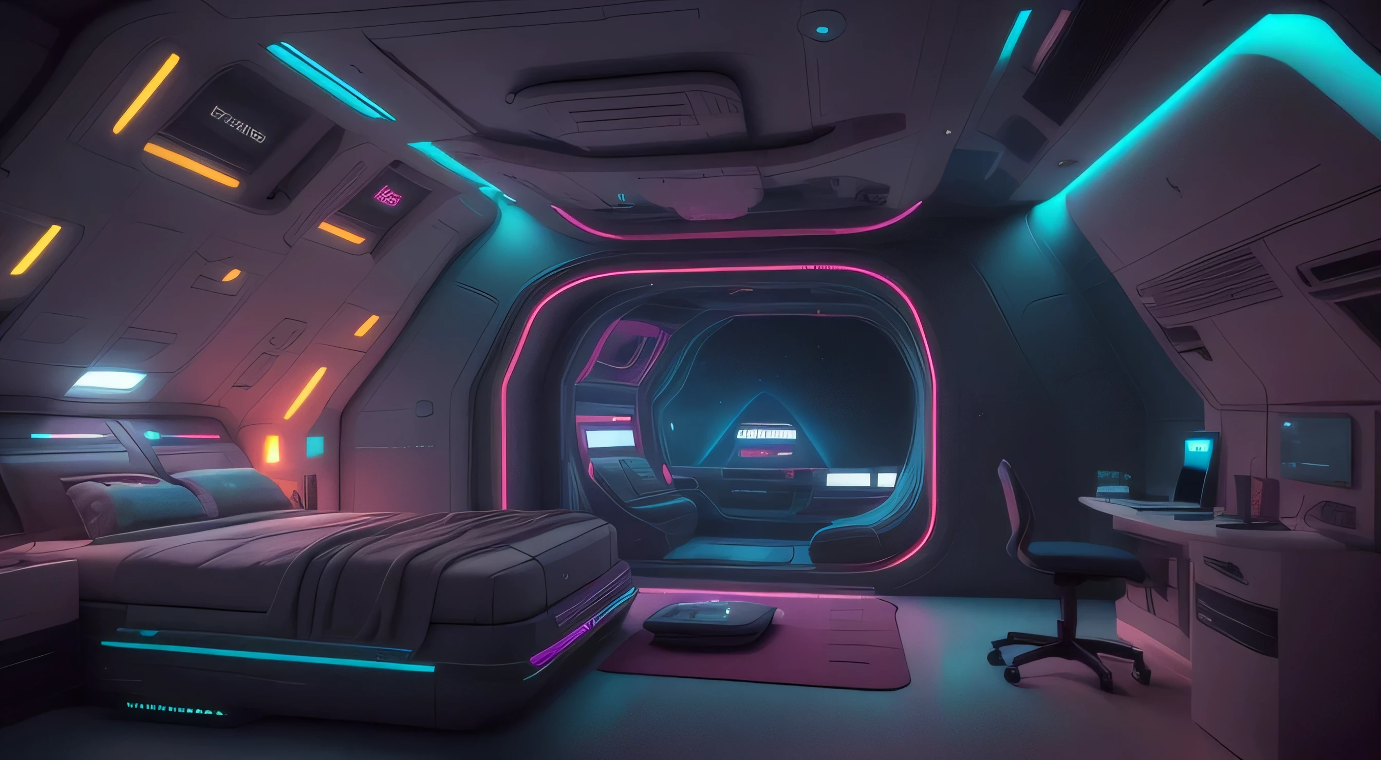 Arafed bedroom with a bed and a desk with a laptop, Dormitorio adolescente cyberpunk, Dormitorio  cyberpunk, scifi room, Dormitorio cyberpunk por la noche, futuristic room, Surreal sci-fi scenography, in a cyberpunk themed room, 3 D render beeple, Sci - Aire interior, Estilo de arte futurista, en una nave espacial futurista, en estilo de beeple, Futuristic setting