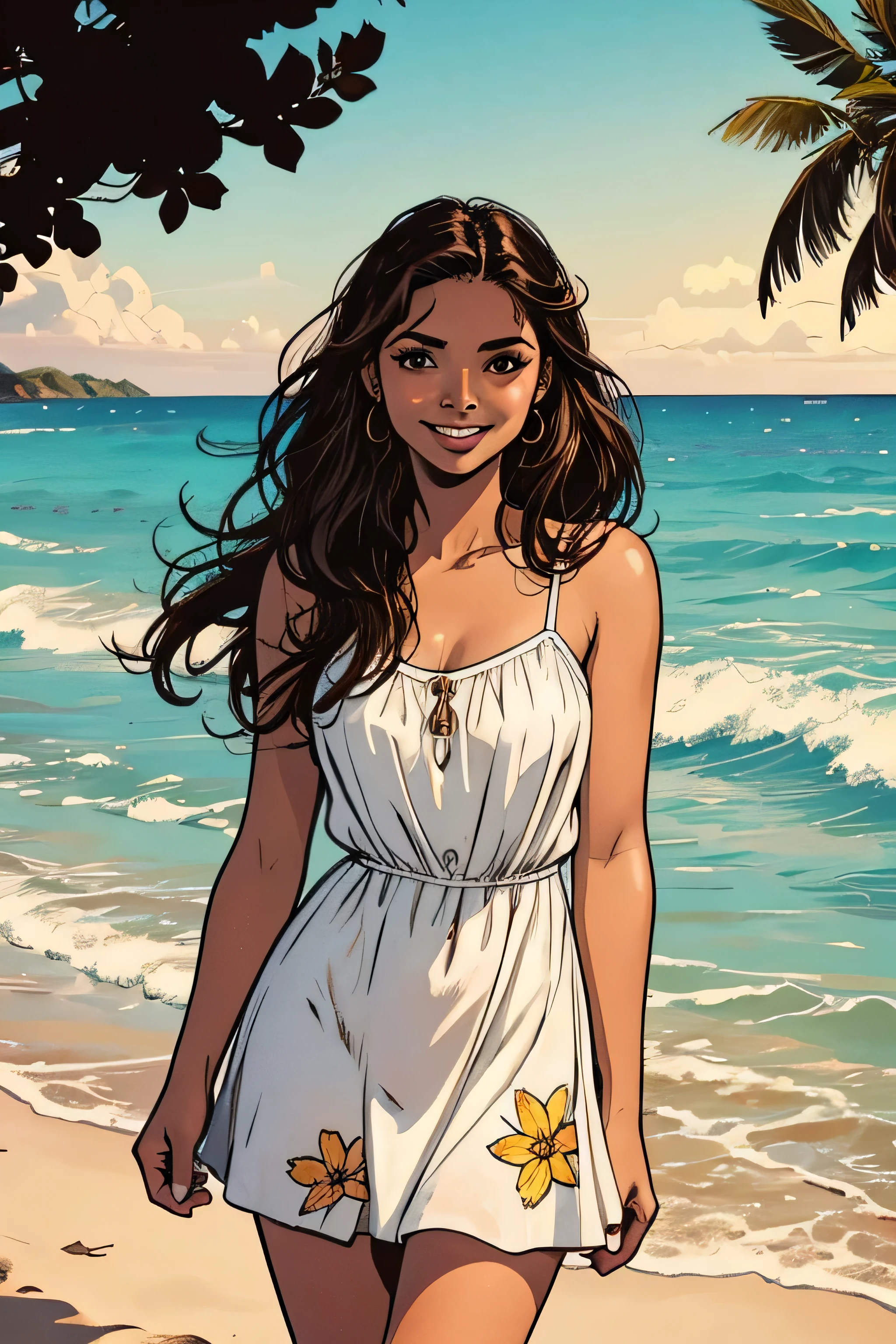 Illustration of a 16 year old girl., piel morena, Brown eyes, sonriendo, cabello largo oscuro, vestido negro con flores blancas, fondo de playa