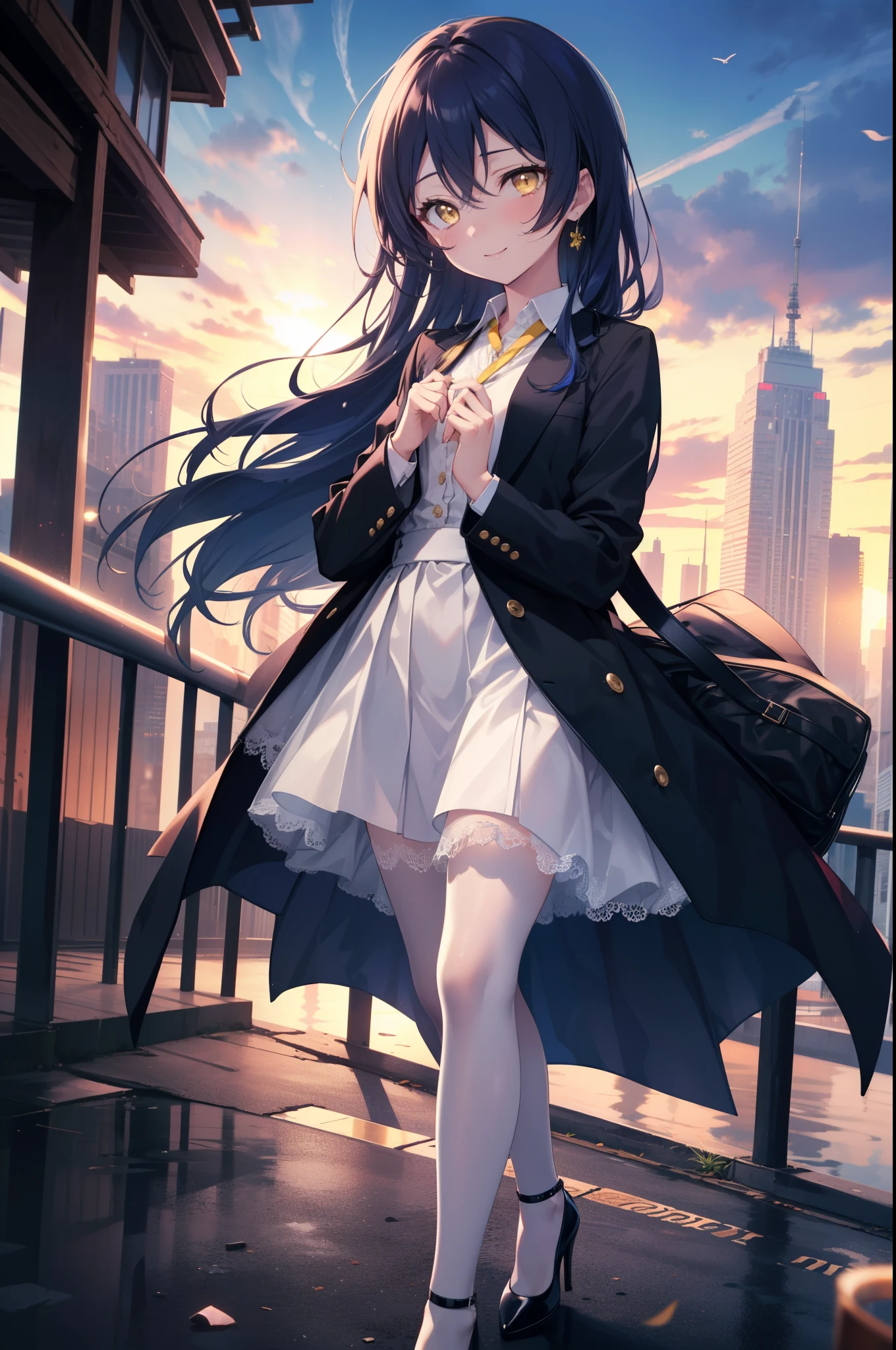 Kamisonoda, Umi Sonoda, long hair, blue hair, (yellow eyes:1.5) (medium chest:1.2),smile,blush,OL, end, black suit jacket, collared jacket, white dress shirt, collared shirt, neckline, button, strap, ID card on neck,black pantyhose,stiletto heels,morning日,morning,walking,So that the whole body goes into the illustration,two sparrows are flying in the sky,
break looking at viewer,
break outdoors, residential street, 
break (masterpiece:1.2), highest quality, High resolution, unity 8k wallpaper, (figure:0.8), (detailed and beautiful eyes:1.6), highly detailed face, perfect lighting, Very detailed CG, (perfect hands, perfect anatomy),