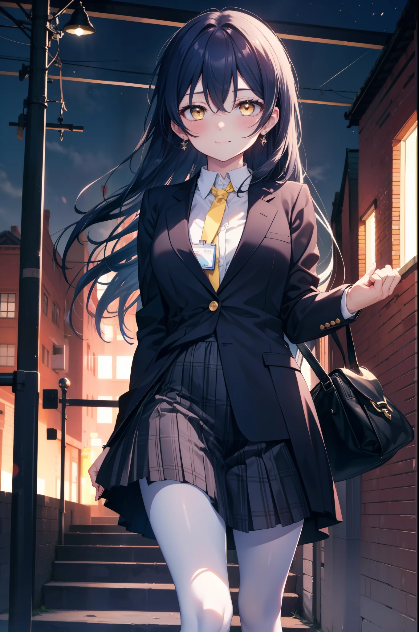Kamisonoda, Umi Sonoda, long hair, blue hair, (yellow eyes:1.5) (medium chest:1.2),smile,blush,OL, end, black suit jacket, collared jacket, white dress shirt, collared shirt, neckline, button, strap, ID card on neck,black pantyhose,stiletto heels,morning日,morning,walking,So that the whole body goes into the illustration,two sparrows are flying in the sky,
break looking at viewer,
break outdoors, residential street, 
break (masterpiece:1.2), highest quality, High resolution, unity 8k wallpaper, (figure:0.8), (detailed and beautiful eyes:1.6), highly detailed face, perfect lighting, Very detailed CG, (perfect hands, perfect anatomy),