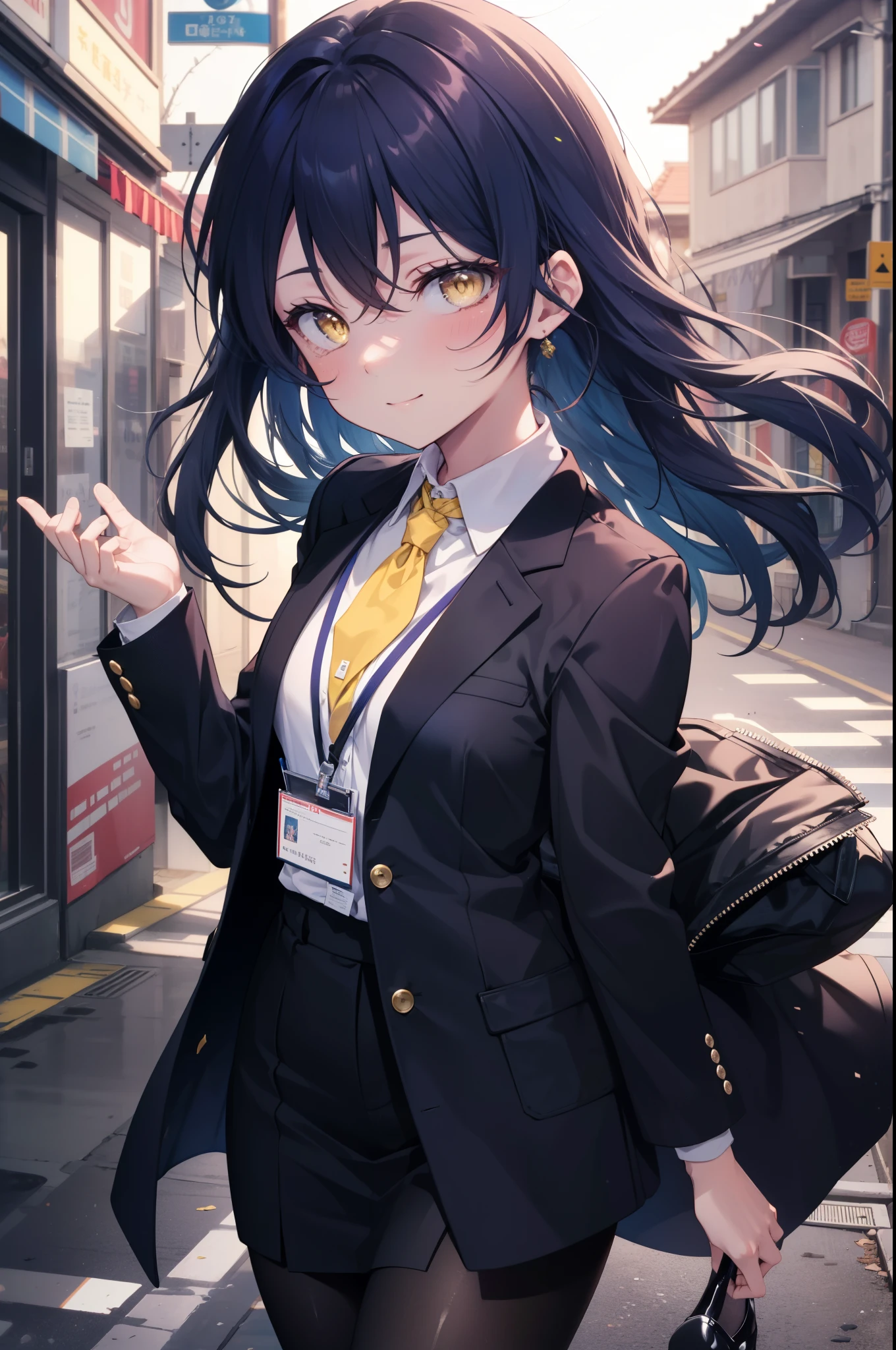 Kamisonoda, Umi Sonoda, long hair, blue hair, (yellow eyes:1.5) (medium chest:1.2),smile,blush,OL, end, black suit jacket, collared jacket, white dress shirt, collared shirt, neckline, button, strap, ID card on neck,black pantyhose,stiletto heels,morning日,morning,walking,So that the whole body goes into the illustration,two sparrows are flying in the sky,
break looking at viewer,
break outdoors, residential street, 
break (masterpiece:1.2), highest quality, High resolution, unity 8k wallpaper, (figure:0.8), (detailed and beautiful eyes:1.6), highly detailed face, perfect lighting, Very detailed CG, (perfect hands, perfect anatomy),
