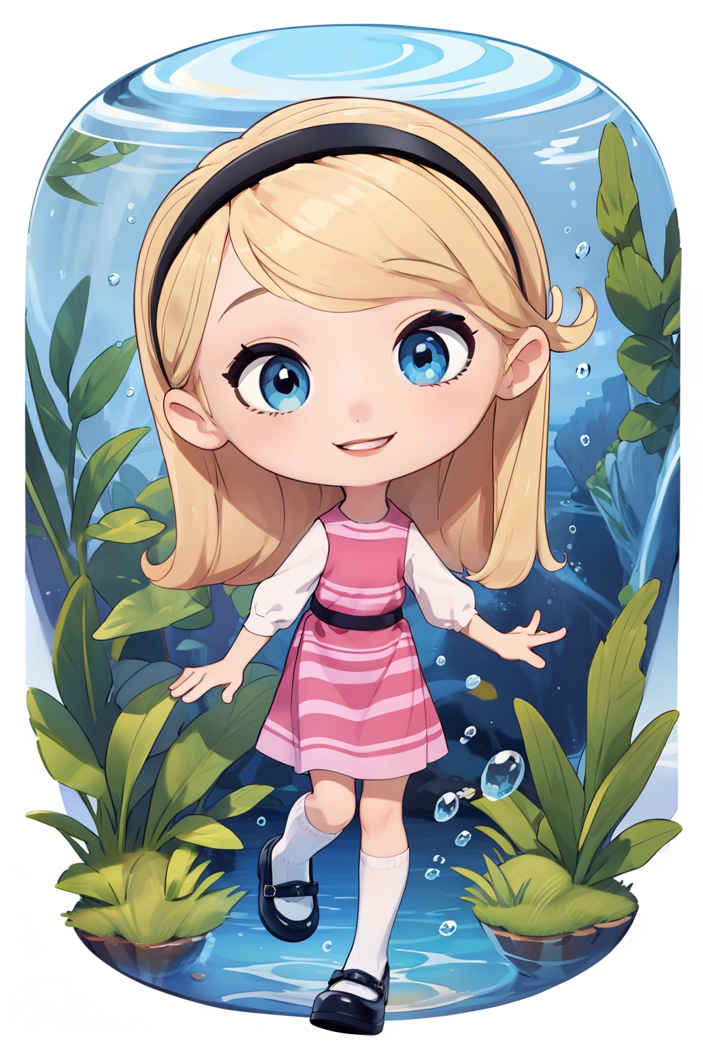 (masterpiece, best quality, high resolution:1.4), 1girl, solo,full body, beautiful, very young, , penny peterson, floating long blonde hair, hairband, pink dress, blue eyes, red lips, white tube socks, Sideways, letterboxed, partially underwater shot, wide shot, atmospheric perspective, panorama, smile, cute art, cute, cutie, bubbles, happy,