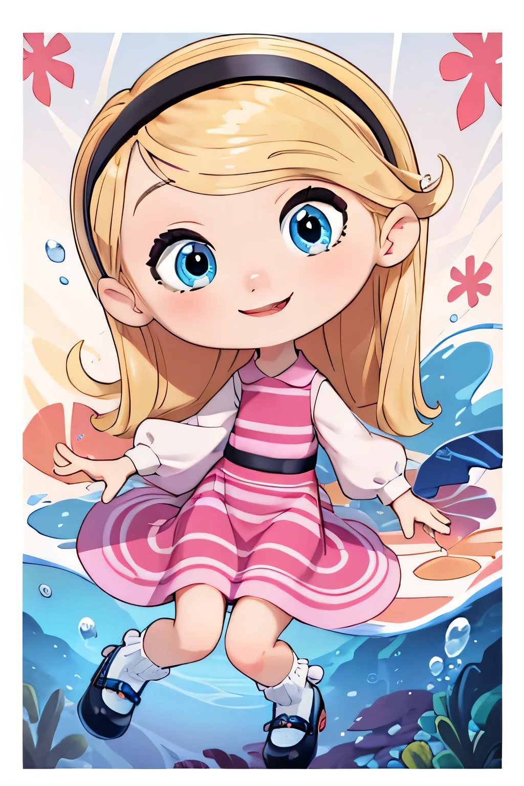 (masterpiece, best quality, high resolution:1.4), 1girl, solo,full body, beautiful, very young, , penny peterson, floating long blonde hair, hairband, pink dress, blue eyes, red lips, white tube socks, Sideways, letterboxed, partially underwater shot, wide shot, atmospheric perspective, panorama, smile, cute art, cute, cutie, bubbles, happy,