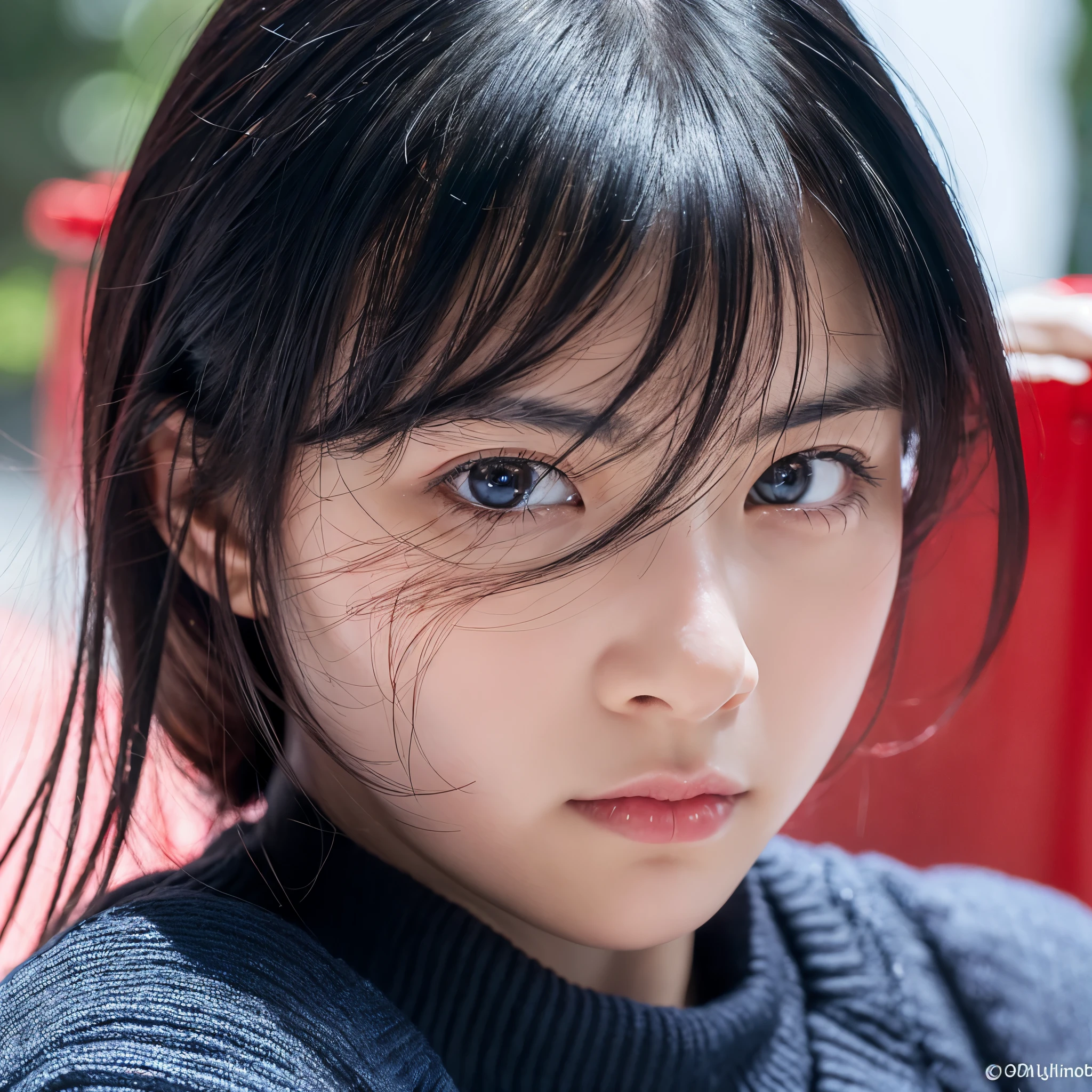 Asia women, best qulity, realistic, portrait, black hair with red strands, 20 years, look shy, Blue eyes, Little, dimming face form