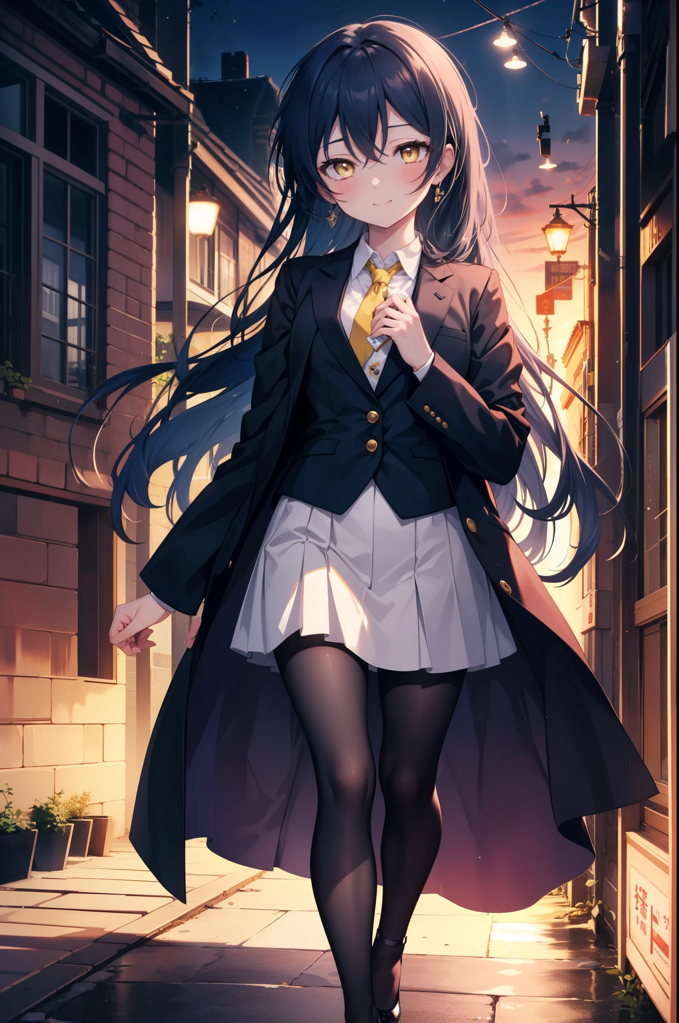 Kamisonoda, Umi Sonoda, long hair, blue hair, (yellow eyes:1.5) (medium chest:1.2),smile,blush,OL, end, black suit jacket, collared jacket, white dress shirt, collared shirt, neckline, button, strap, ID card on neck,black pantyhose,stiletto heels,morning日,morning,walking,So that the whole body goes into the illustration,two sparrows are flying in the sky,
break looking at viewer,
break outdoors, residential street,
break (masterpiece:1.2), highest quality, High resolution, unity 8k wallpaper, (figure:0.8), (detailed and beautiful eyes:1.6), highly detailed face, perfect lighting, Very detailed CG, (perfect hands, perfect anatomy),