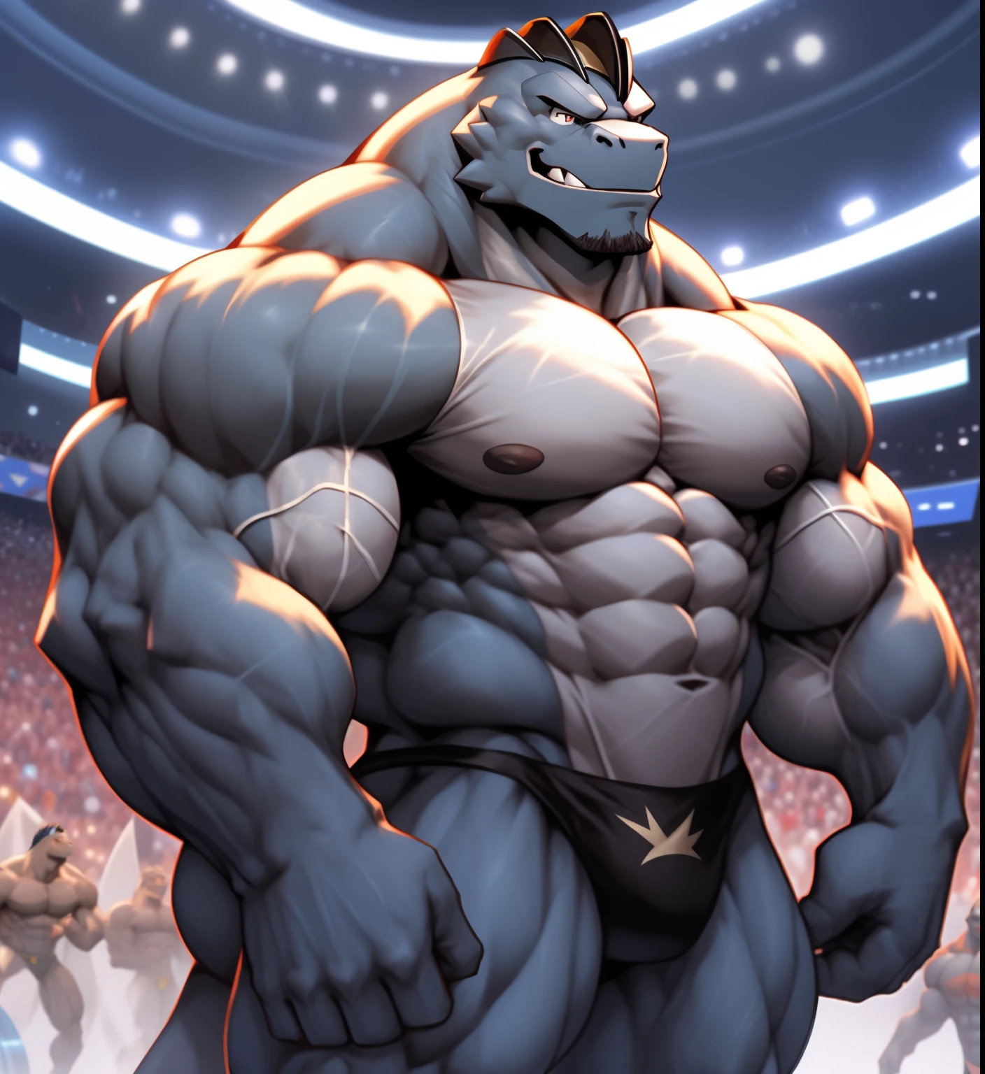 (Pokémon) Machoke in the bodybuilding competition, en el escenario con otros culturistas de Machoke a su lado, wearing a small thong (metallic color: Tanga negro azabache) masivo, Huge, muscular bodybuilder with extraordinary biceps, pectorales gruesos, triceps, trampas, cintura estrecha, gigachad, 500 libras.