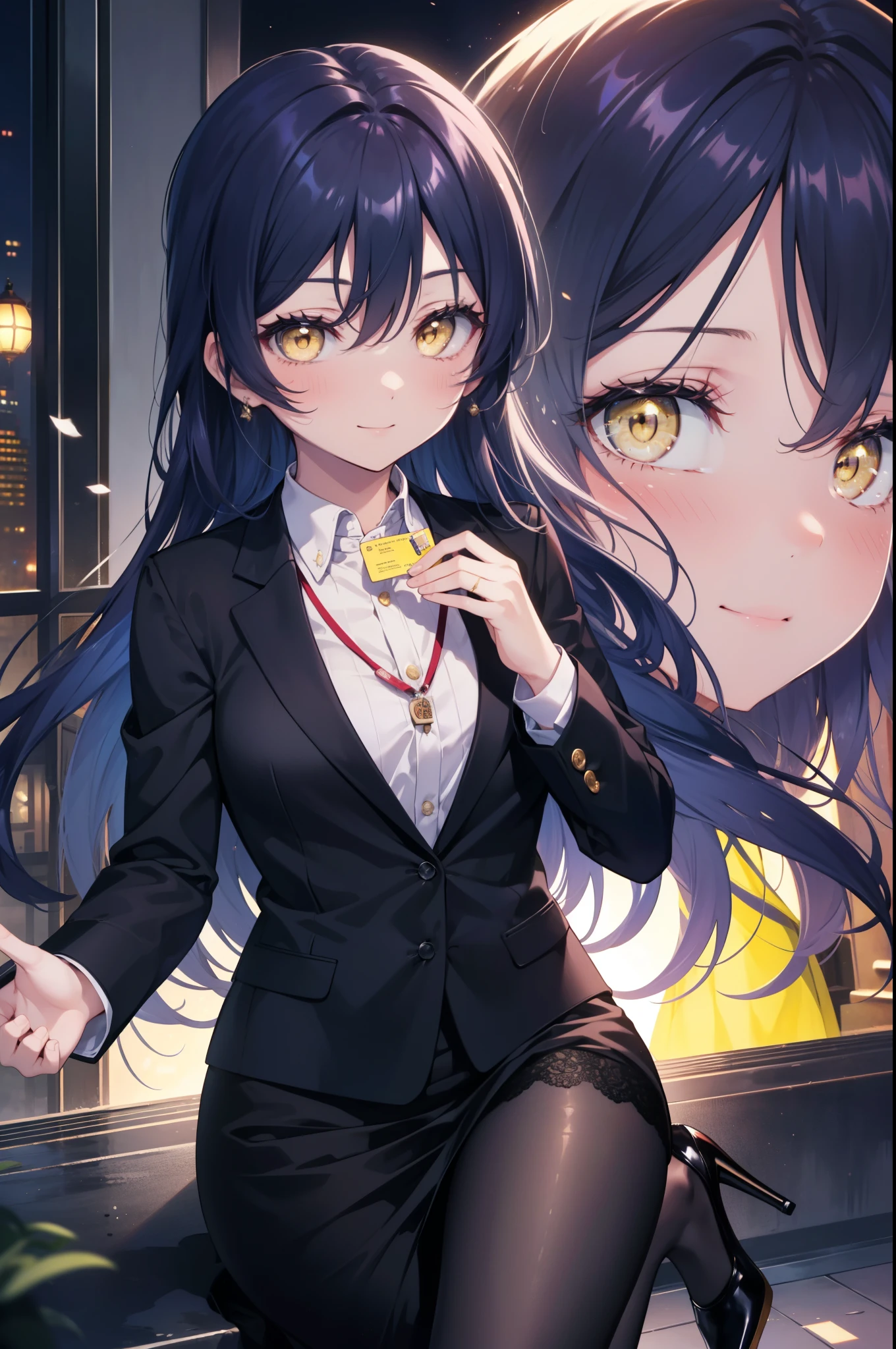 Kamisonoda, Umi Sonoda, long hair, blue hair, (yellow eyes:1.5) (medium chest:1.2),smile,blush,OL, end, black suit jacket, collared jacket, white dress shirt, collared shirt, neckline, button, strap, ID card on neck,black pantyhose,stiletto heels,morning日,morning,walking,So that the whole body goes into the illustration,two sparrows are flying in the sky,
break looking at viewer,
break outdoors, residential street, 
break (masterpiece:1.2), highest quality, High resolution, unity 8k wallpaper, (figure:0.8), (detailed and beautiful eyes:1.6), highly detailed face, perfect lighting, Very detailed CG, (perfect hands, perfect anatomy),