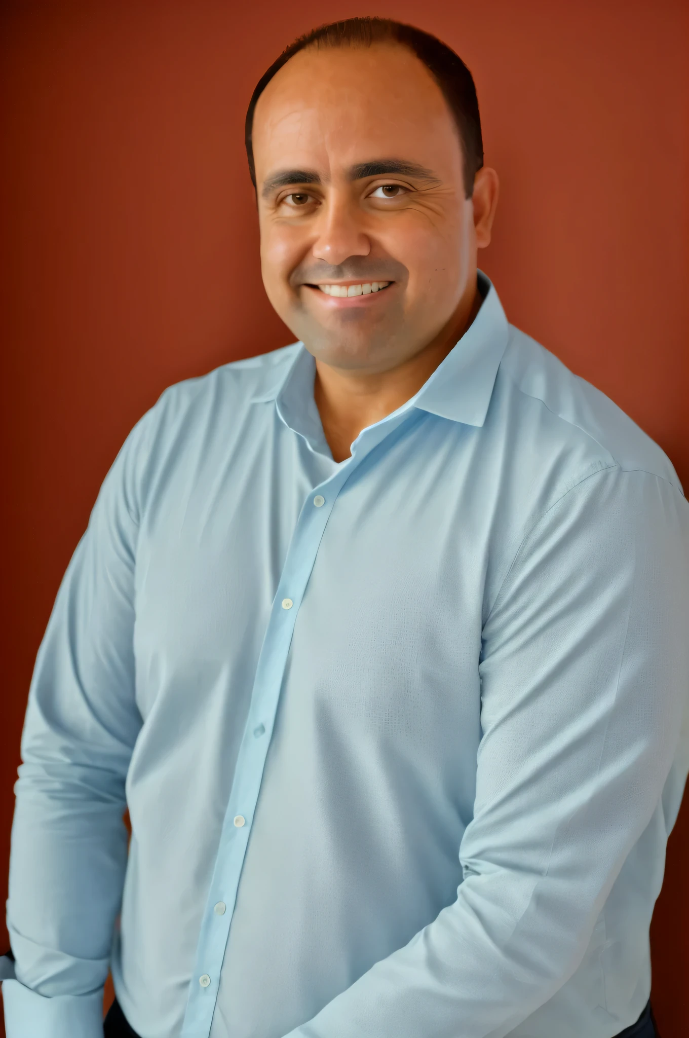 Foto CRU, meio da foto de um homem musculoso de 40 anos, medium length side cuts with little dark hair, em uma camisa casual escura, mas bem ajustada, standing against a flat background. Sorriso sedutor, esquentar, soft lighting to emphasize facial and physical features. foto colorida, sony fe gm, 16K, melhor qualidade, Super detalhe, Pele Texturizada, anatomicamente correto, ambiente corporativo