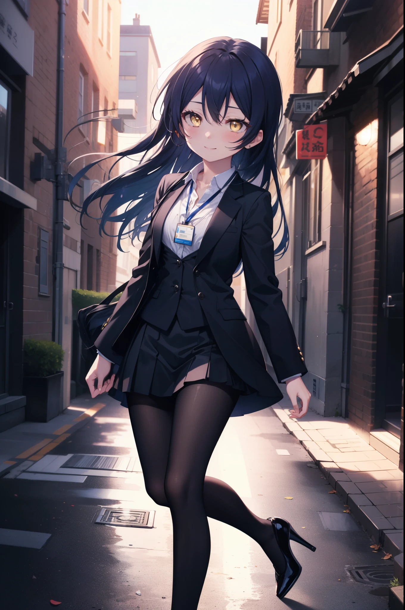 Kamisonoda, Umi Sonoda, long hair, blue hair, (yellow eyes:1.5) (medium chest:1.2),smile,blush,OL, end, black suit jacket, collared jacket, white dress shirt, collared shirt, neckline, button, strap, ID card on neck,black pantyhose,stiletto heels,morning日,morning,walking,So that the whole body goes into the illustration,two sparrows are flying in the sky,
break looking at viewer,
break outdoors, residential street, 
break (masterpiece:1.2), highest quality, High resolution, unity 8k wallpaper, (figure:0.8), (detailed and beautiful eyes:1.6), highly detailed face, perfect lighting, Very detailed CG, (perfect hands, perfect anatomy),