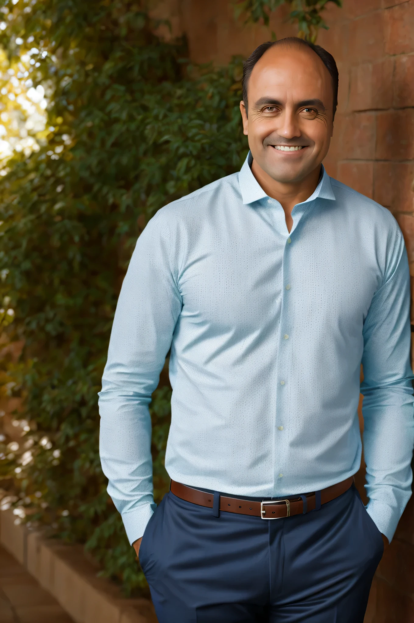 Foto CRU, meio da foto de um homem musculoso de 40 anos, medium length side cuts with little dark hair, em uma camisa casual escura, mas bem ajustada, standing against a flat background. Sorriso sedutor, esquentar, soft lighting to emphasize facial and physical features. foto colorida, sony fe gm, 16K, melhor qualidade, Super detalhe, Pele Texturizada, anatomicamente correto, ambiente corporativo