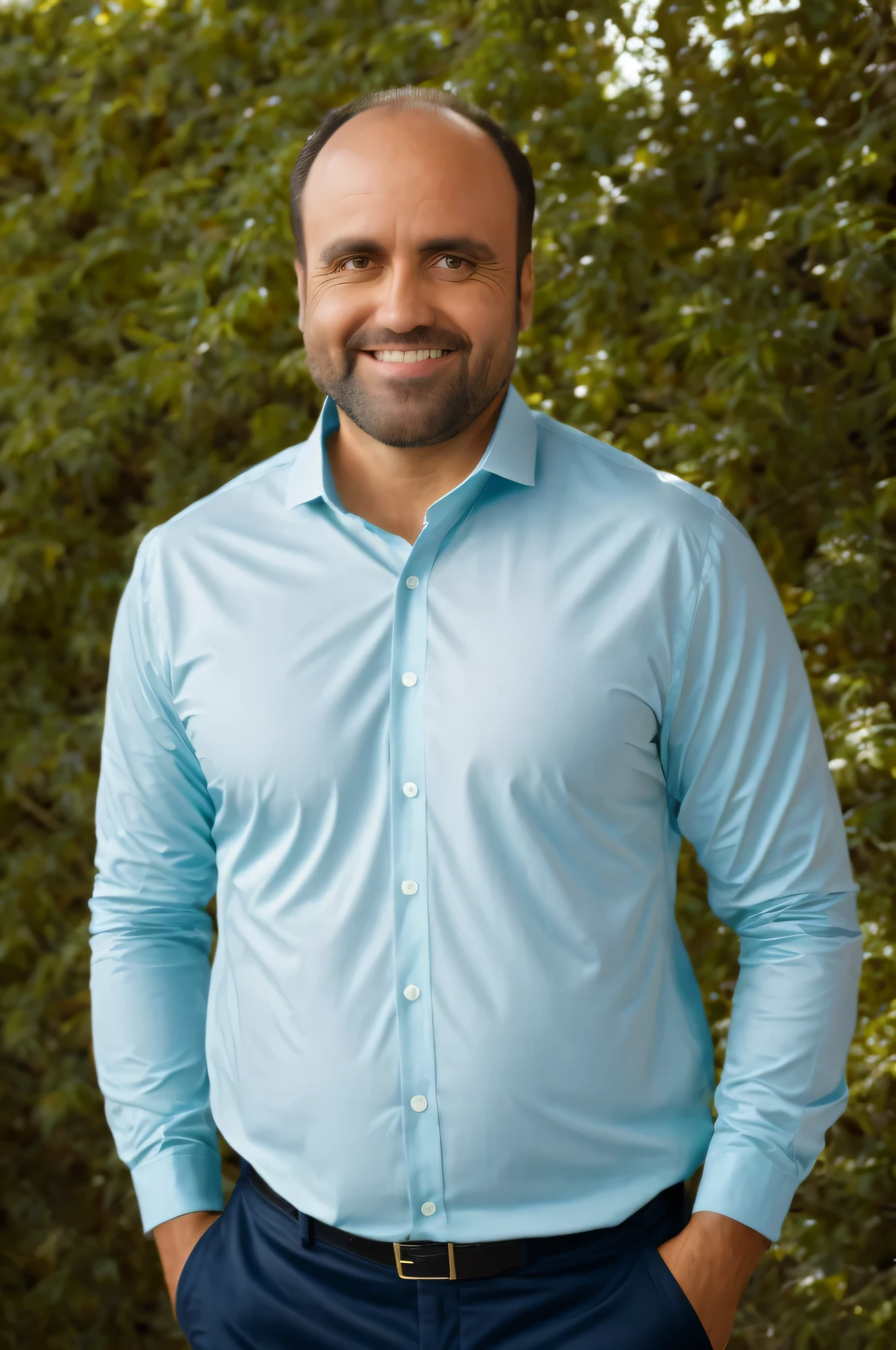 Foto CRU, meio da foto de um homem musculoso de 40 anos, medium length side cuts with little dark hair, em uma camisa casual, mas bem ajustada, standing against a flat background. Sorriso confiante, esquentar, soft lighting to emphasize facial and physical features. foto colorida.